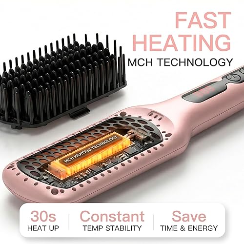 Vista 4 de MEGAWISE MEGAWISE - Cepillo de cerámica actualizado para alisar el cabello, cepillo caliente de doble voltaje antiquemaduras, cable giratorio, Rosado