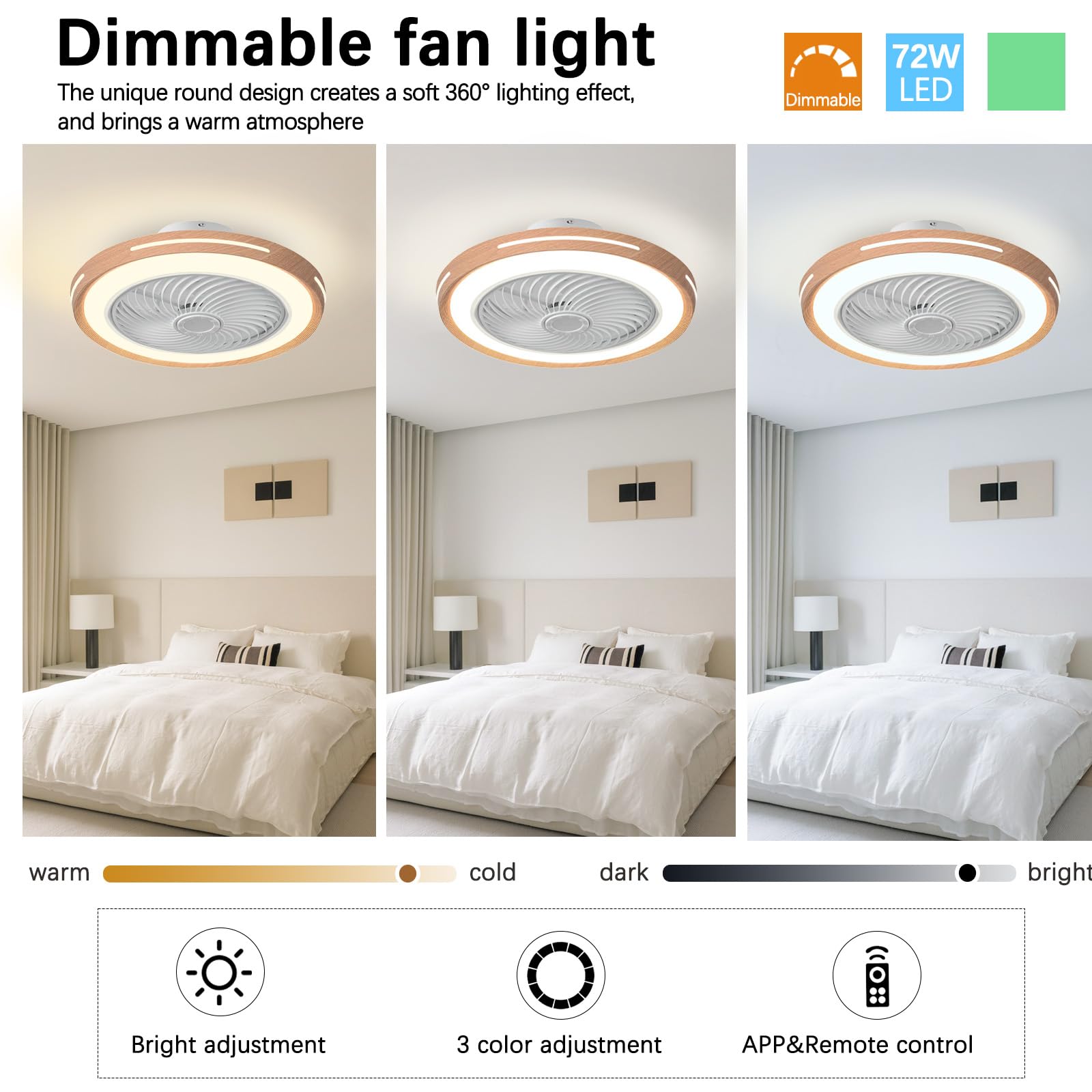 Ventilatore da Soffitto con Luce e Telecomando Finto legno 50cm-A | Silenzioso LED Dimmerabile Plafoniera con Ventilatore DC Reversibile Lampadario con Ventola per Camera da Letto Soggiorno