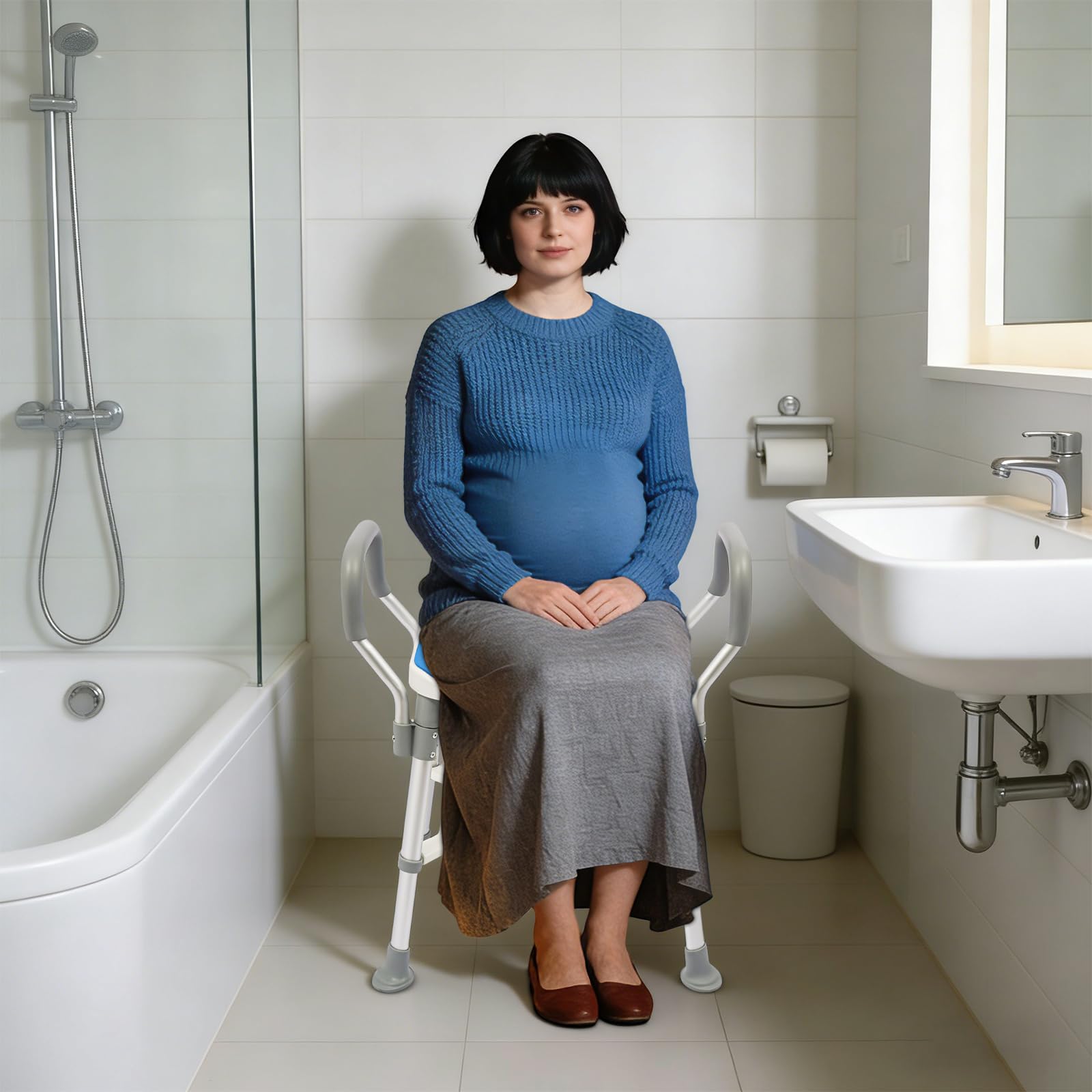 Silla de ducha para personas mayores, asiento de ducha con respaldo y reposabrazos, taburete de ducha regulable en altura hasta 150 kg, para personas mayores, adultos y personas (azul, gris, blanco)