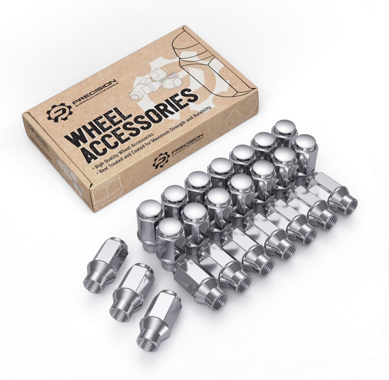 24pc Chrome Silver Bulge Lug Nuts - Metric 12x1.5 Thread Size - 1.75" Length - ET Style - Cone Conical Taper Seat Shank - Closed End - for 6Lug Vehicles Wheels