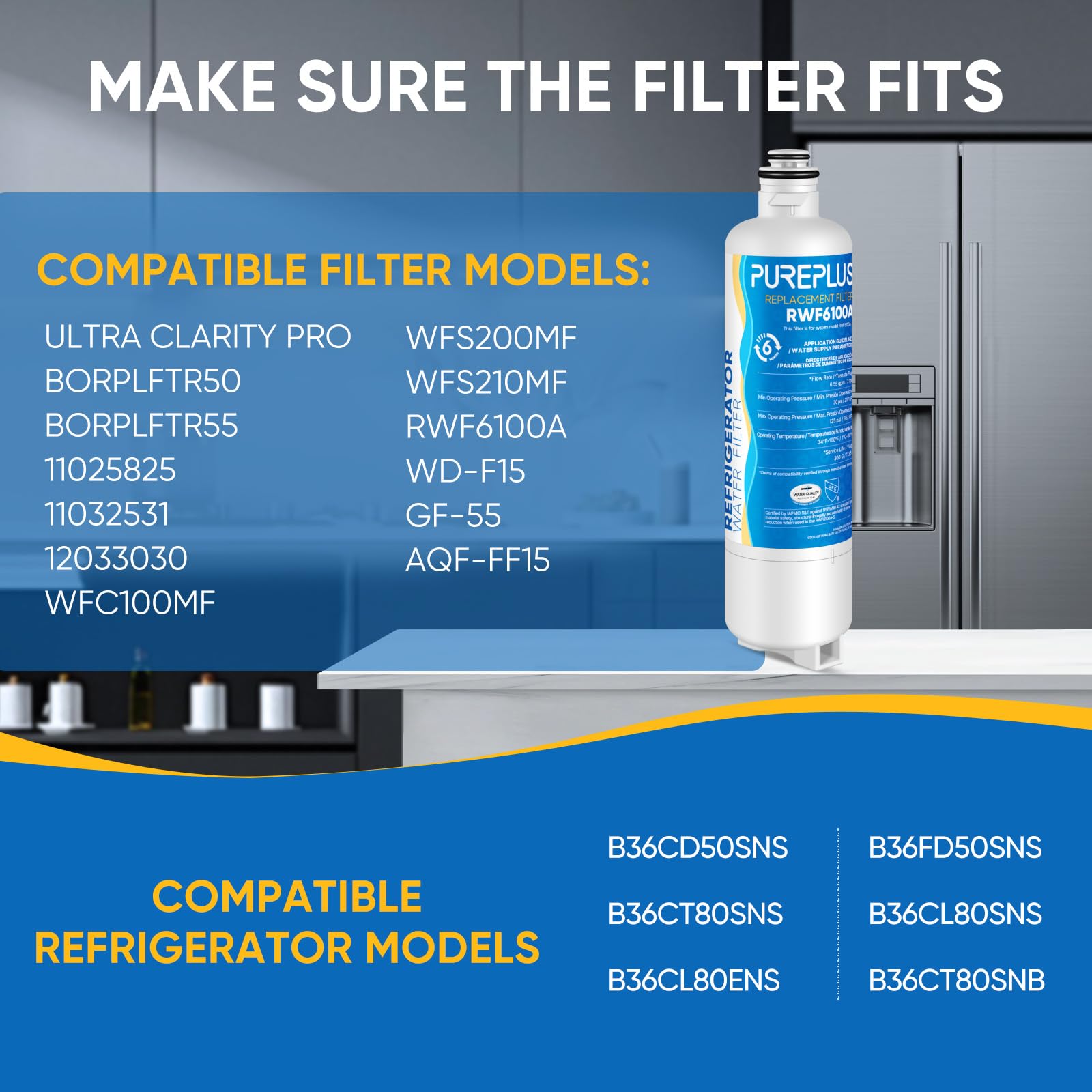 PUREPLUS BORPLFTR50 Ricambio per filtro acqua per frigorifero Bosch Ultra Clarity Pro, compatibile con 12028325,12033030,11025825, BORPLFTR55, WFC100MF, WFS200MF, confezione da 3
