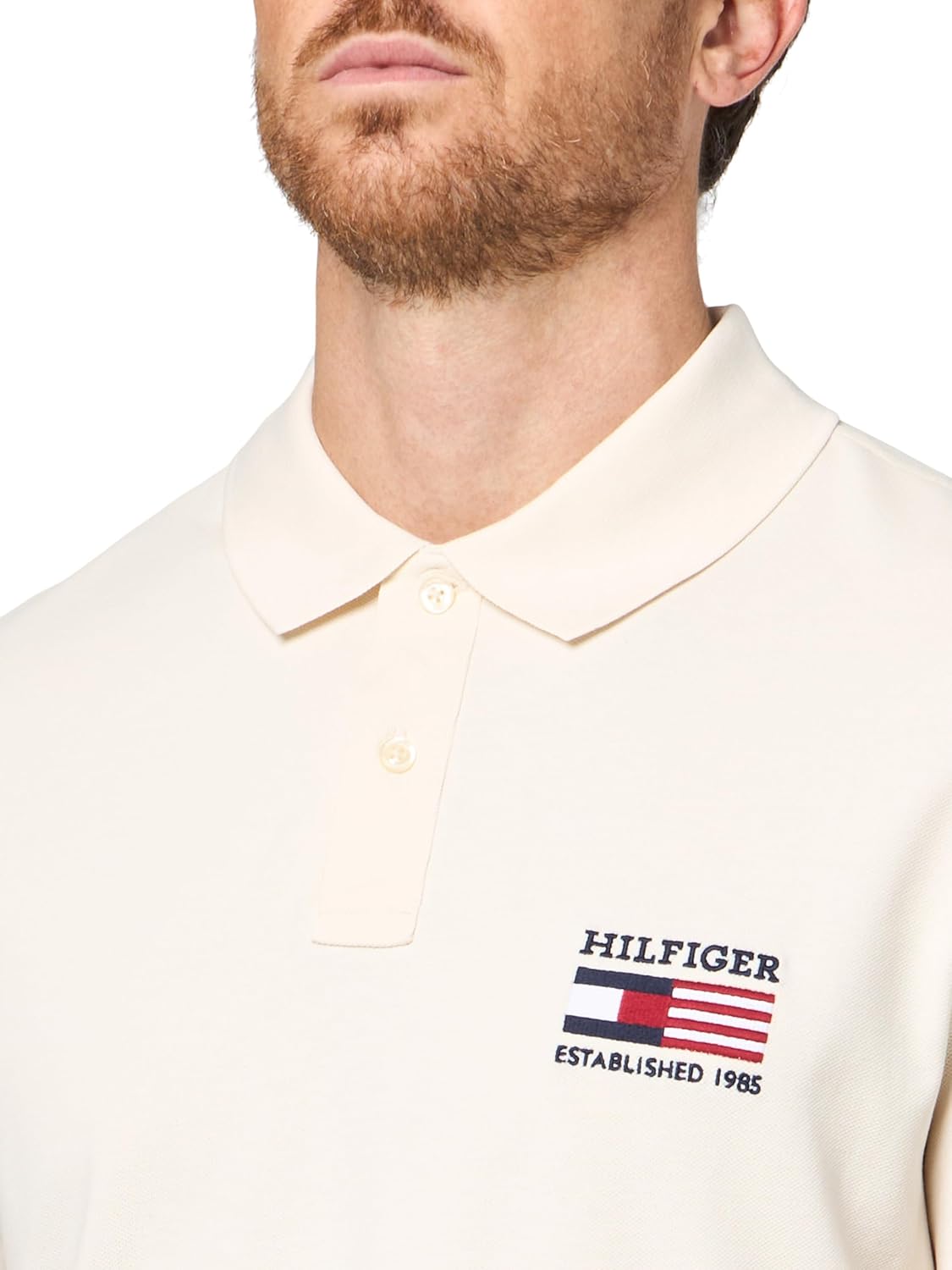 Tommy Hilfiger Men's Flag Regular Short Sleeve Polo,Ivory Petal Large
