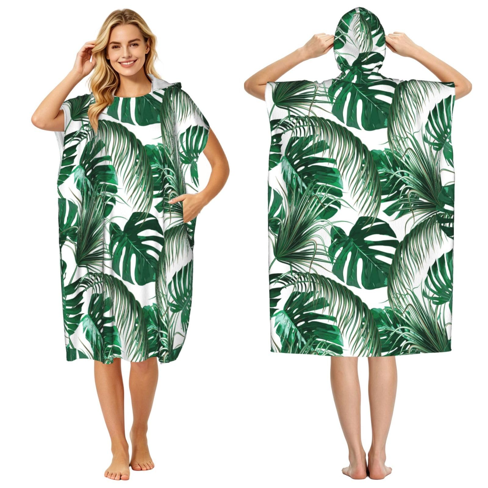 Poadnly Tropical Green Palm Leaves Jungle Leaf, Adult Hooded Beach Towel 90 x 110 cm,Changing Bath Robe, Surf Poncho Towel For Women Men