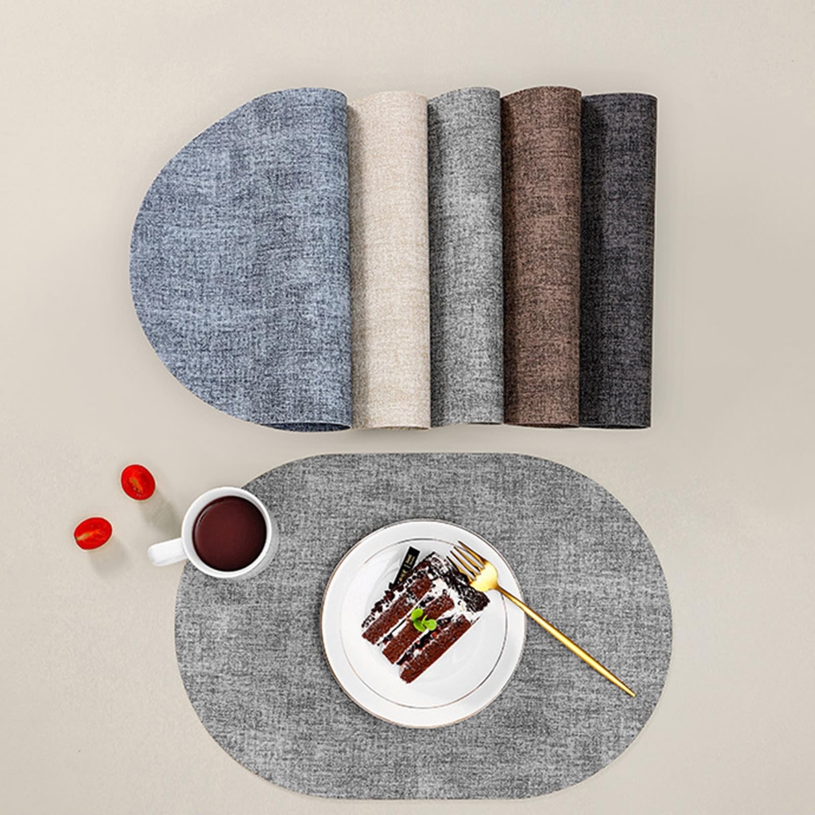 AMDXD Lot de 6 sets de table ovales rétro vintage - En cuir synthétique - Couleur unie - Texture tissée - Antidérapants - Gris clair - Pour restaurant, table à manger - 30 x 44 cm