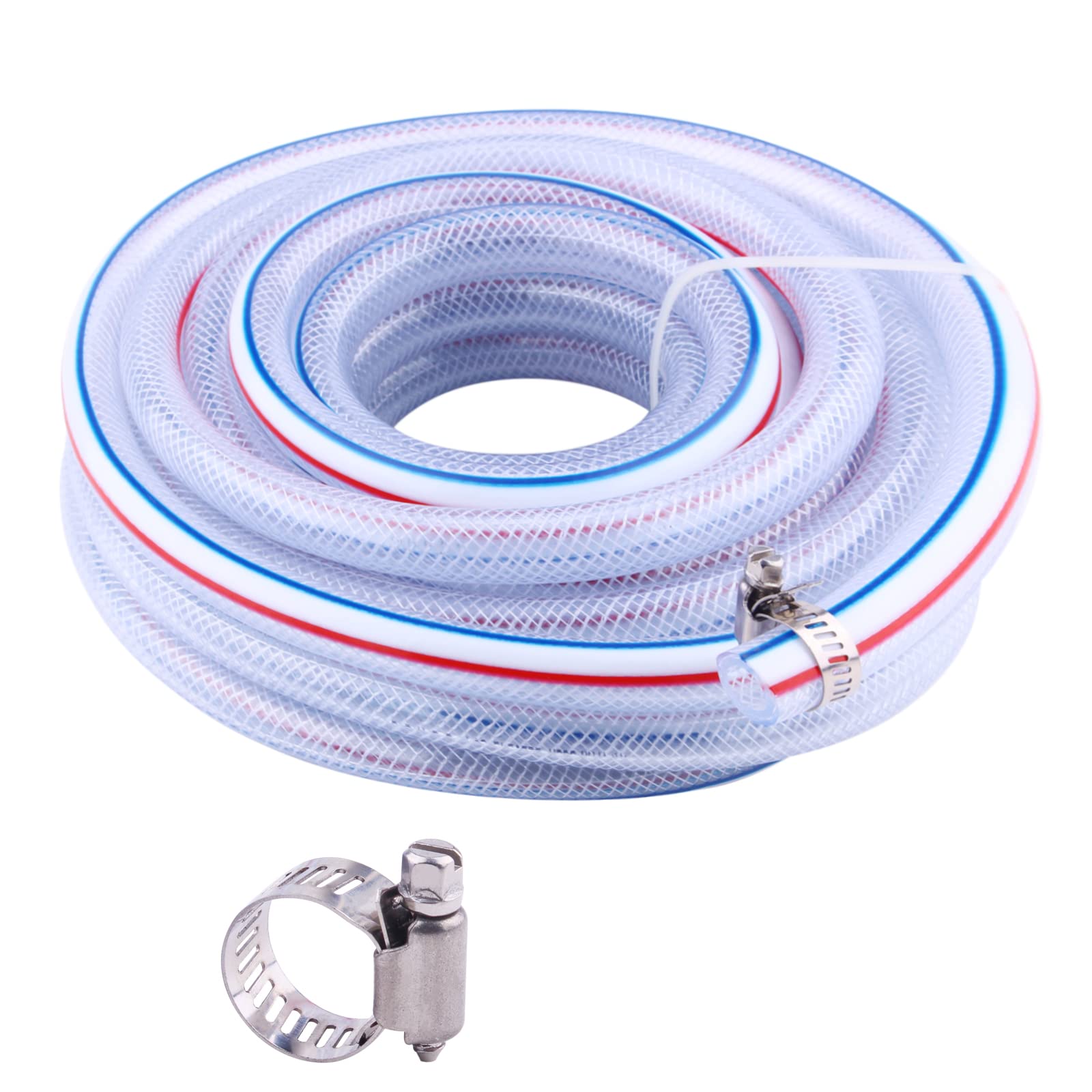 Soft Braided PVC Tubing - 3/8" x 5/8" OD High Pressure Clear Flexible PVC Tube Reinforced Vinyl Hose for Water, Oil with 2pcs Hose Clamps (25Ft)