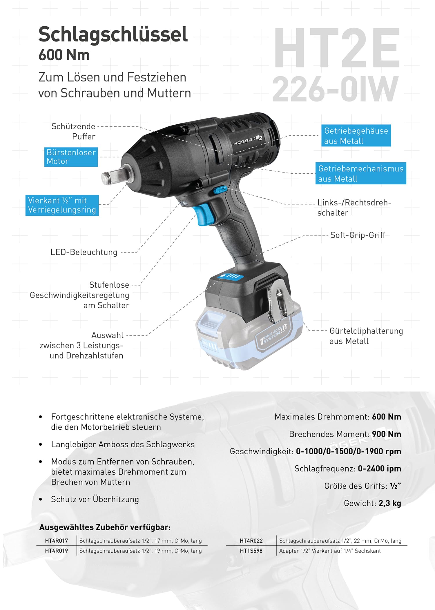 HÖGERT TECHNIK Llave de impacto inalámbrica 18V sin escobillas, 600 Nm, batería 4,0 Ah, cargador 4A, maletín, motor brushless, LED, para taller