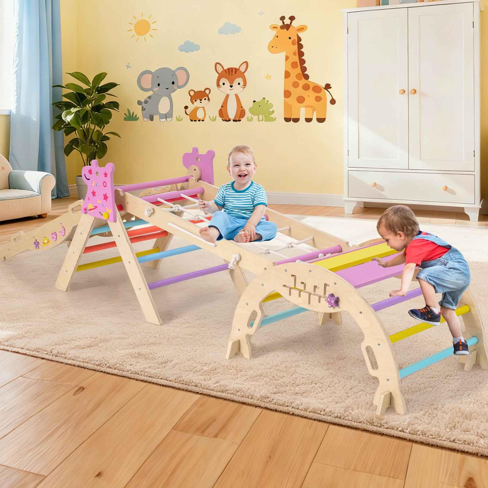 HOMASIS 4 in 1 Kletterdreieck mit Kletternetz, Kletterbogen, Wippe & Leiter, Klettergerüst mit doppelseitige Rampe & Baustein Set, Holz Sprossendreieck für Kinder ab 1 Jahr (Macaron, Einhorn)