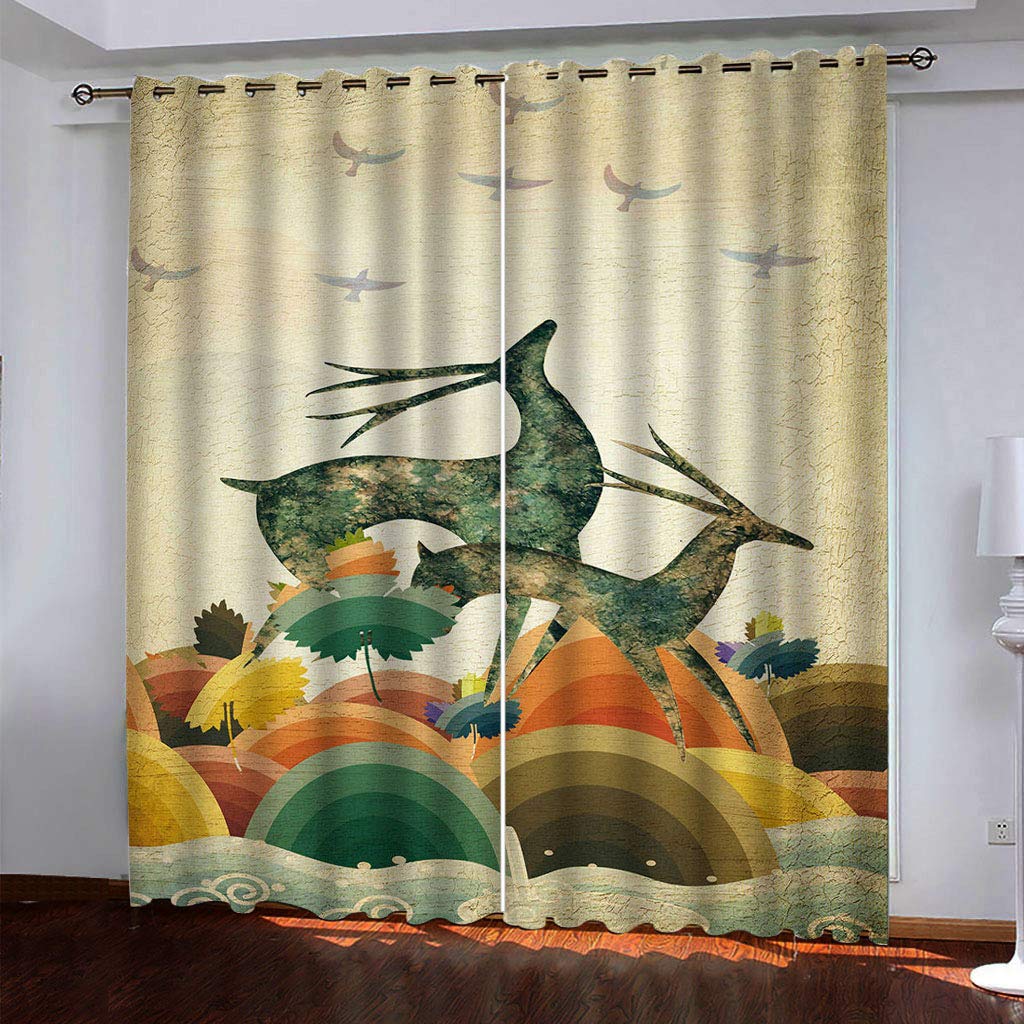 Maynuo Boys Golden Blackout Curtains For Bedroom Leaf Deer Print 3D Pattern Eyelet Thermal Insulated Kids Girls 55X62inch Curtain For Living Room