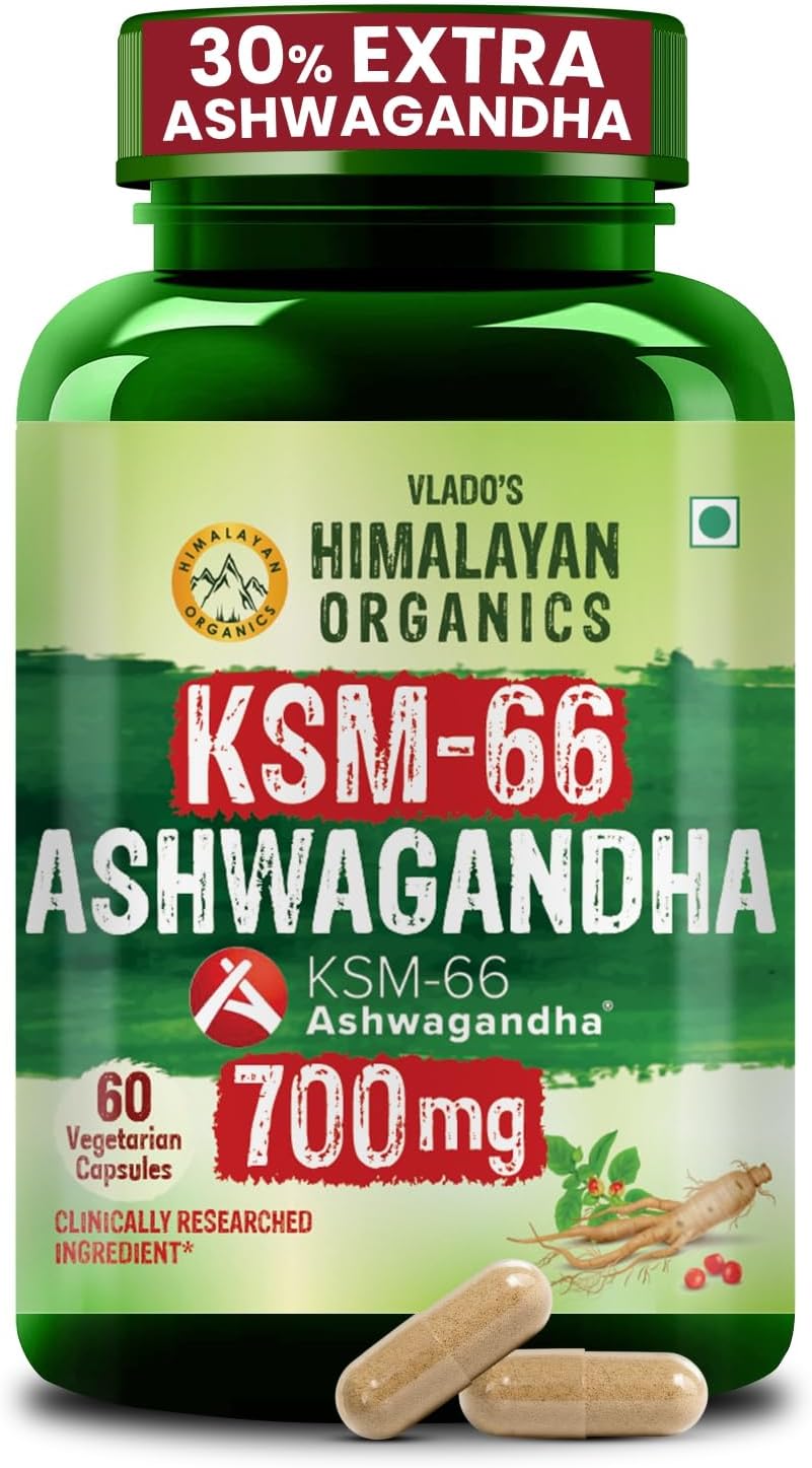 Vlado's Himalayan Organics Ashwagandha KSM66 700mg - 60 Capsules I KSM 66 Ashwagandha Capsules for Men & Women | Clinically Proven I 5% Withanolides for Max Results - 100% Pure Root Extract | Stress Relief, Energy & Recovery Support | World’s Strongest Ashwagandha