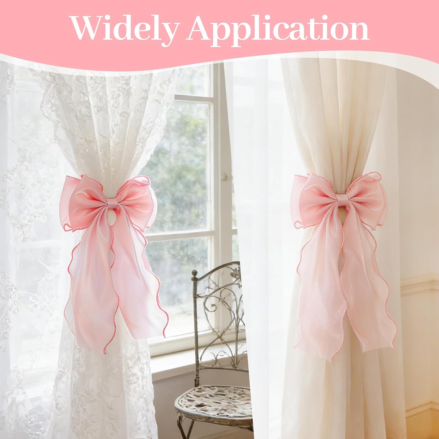 Molain 2 Pack Silky Pink Bow Curtain Tiebacks, Pink Ribbon Lace Curtain Holdbacks Elegant Decorative Bowknot Curtain Straps for Weddings Home Bedroom Living Room Wedding Party Office Décor