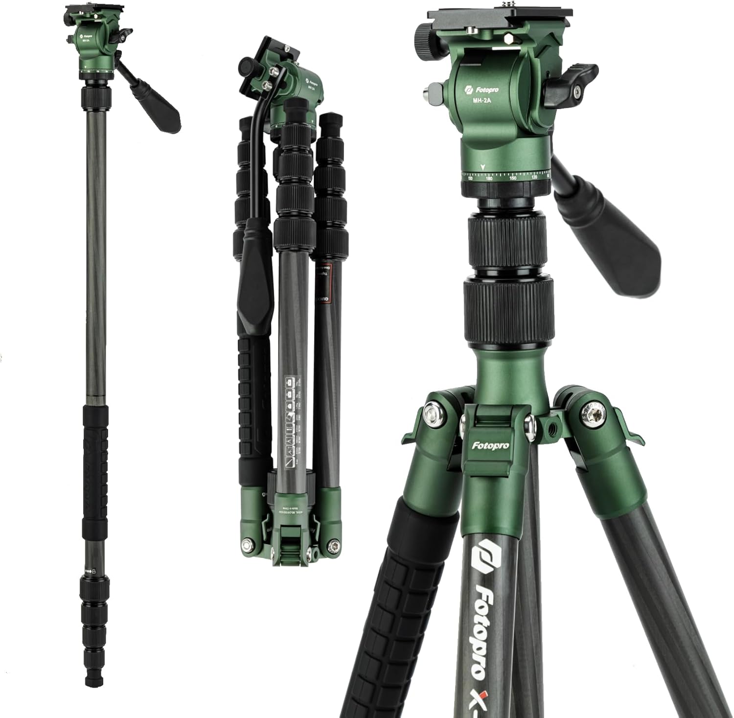 Fotopro 59" Carbon Fiber Travel Tripod, Compact Video Tripods with Fluid Head, Detachable Monopod with Arca-Swiss Quick Release Plate and Bag, Camera Tripod Load up to 8KG/17.63lbs, Green