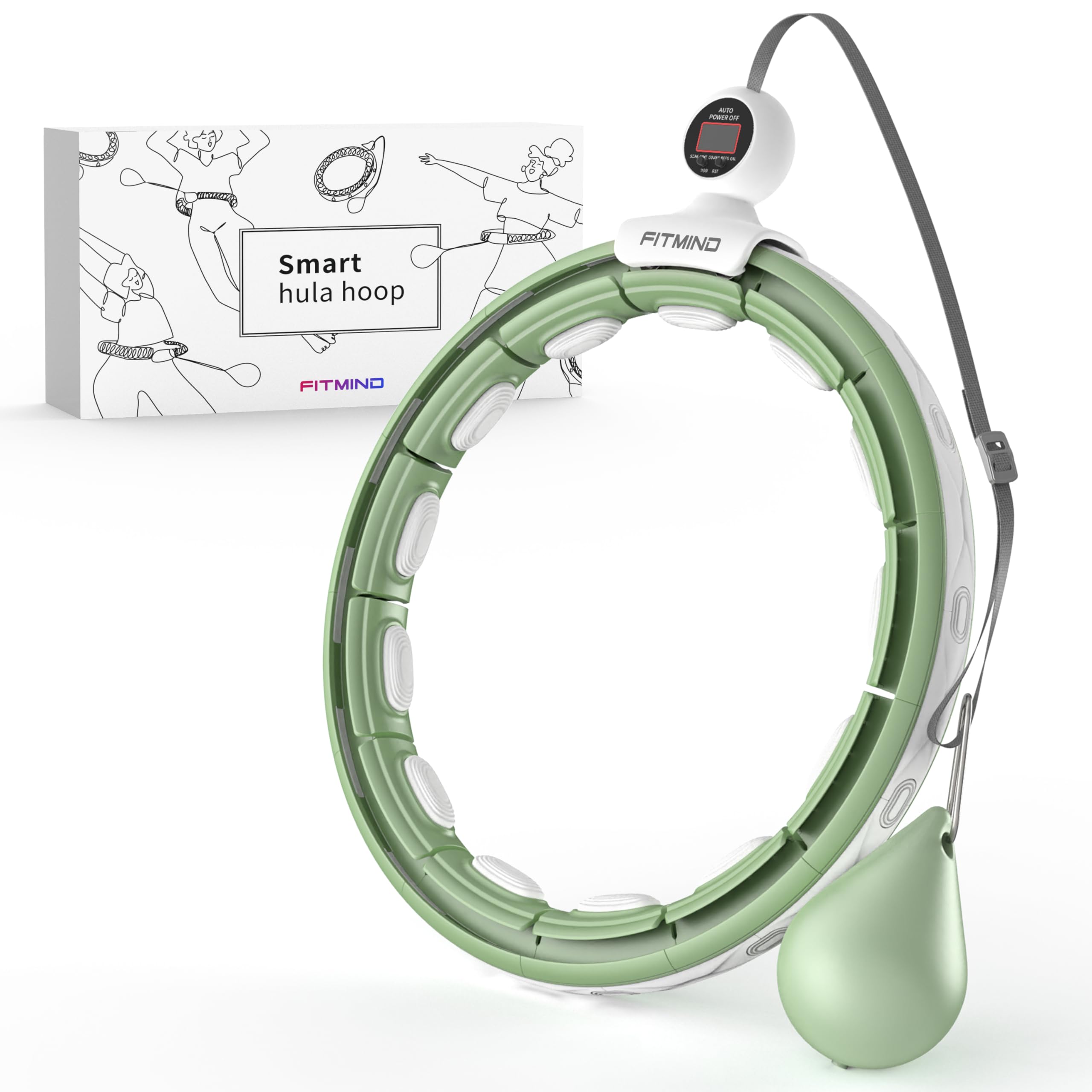 FITMIND Weighted Hula Hoop Smart Hula Hoop Intelligent Record Data Weight Loss Non-Fall Fitness Hoops 16 Sections Detachable Hula Circle with Massage Adjustable Weighted Ball Green