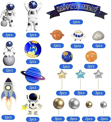 Miniatura 3 de 32 adornos espaciales para tartas del espacio exterior, figuras de astronauta, planeta, cohete, estrellas y bolas de perlas satélite, adornos para