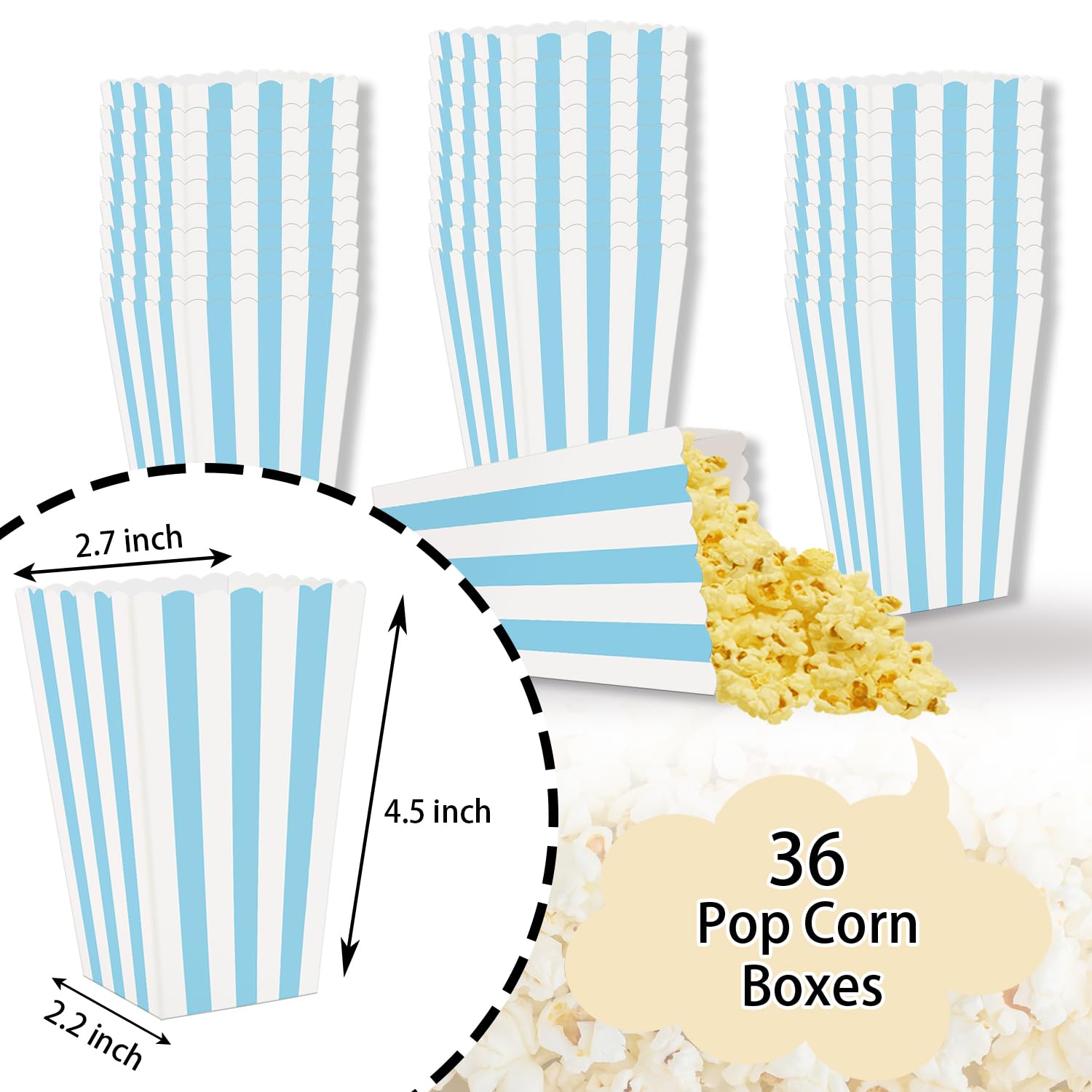 36 Pcs Blue and White Striped Popcorn Boxes 2 x 4.5 x 2.7 inch Mini Popcorn Boxes for Movie Decorations Cardboard Container for Party Disposable Snack Bags