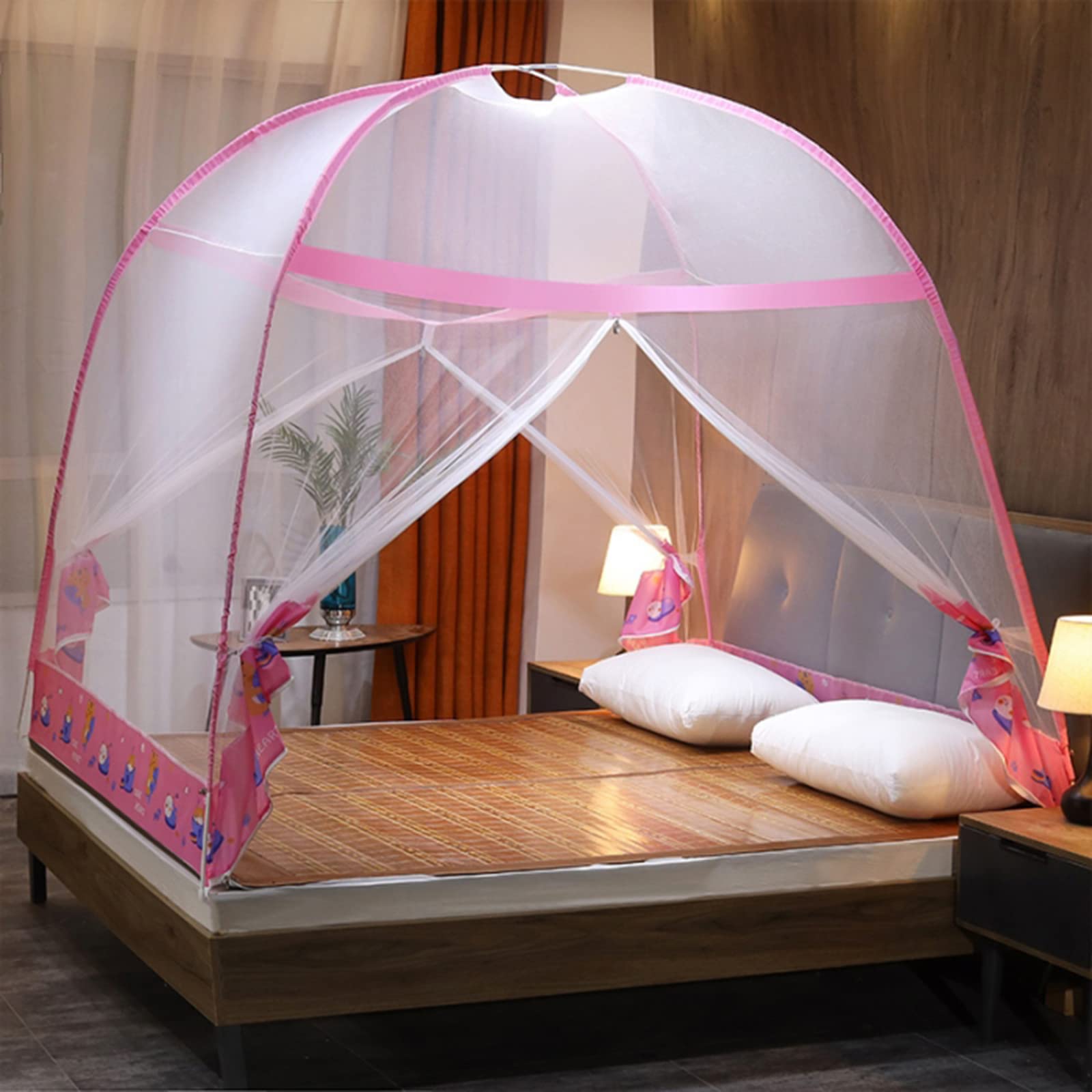 Grande moustiquaire pliable rose pour lit double en camping