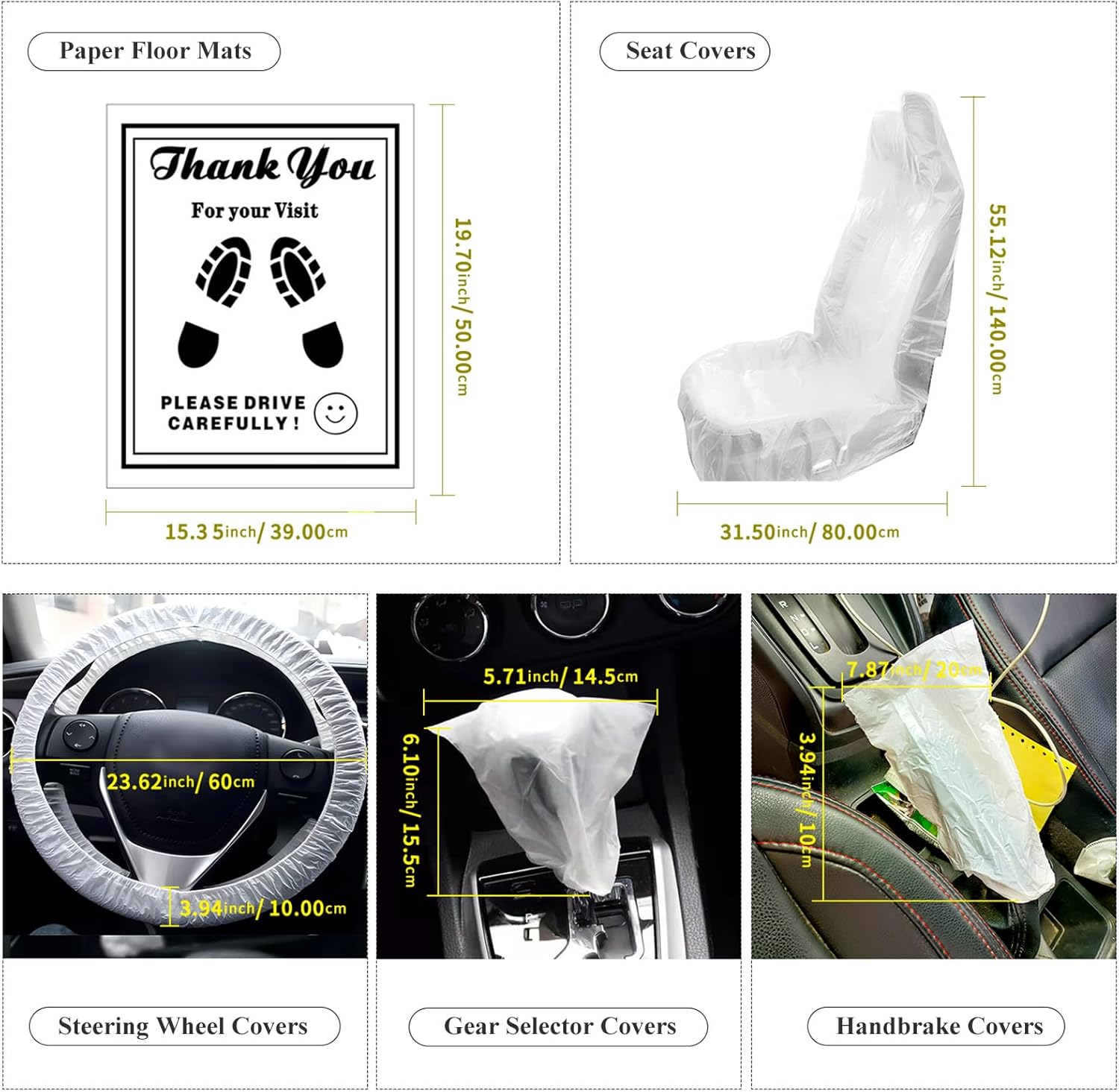 ICWEIMEI 100Pcs Disposable Car Protective Covers Set 5in1 Plastic Car Interior Protector Includes Disposable Seat Cover, Steering Wheel Cover, Handbrake and Gear Shift Cover, Paper Floor Mat - Image 2