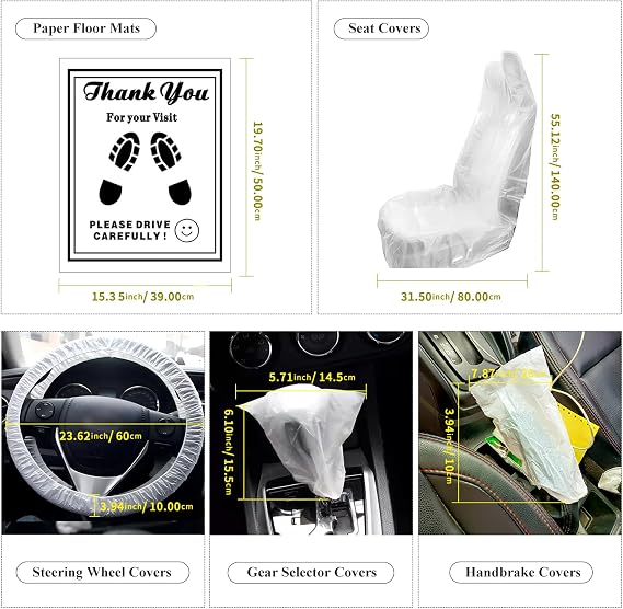 ICWEIMEI 100Pcs Disposable Car Protective Covers Set 5in1 Plastic Car Interior Protector Includes Disposable Seat Cover, Steering Wheel Cover, Handbrake and Gear Shift Cover, Paper Floor Mat