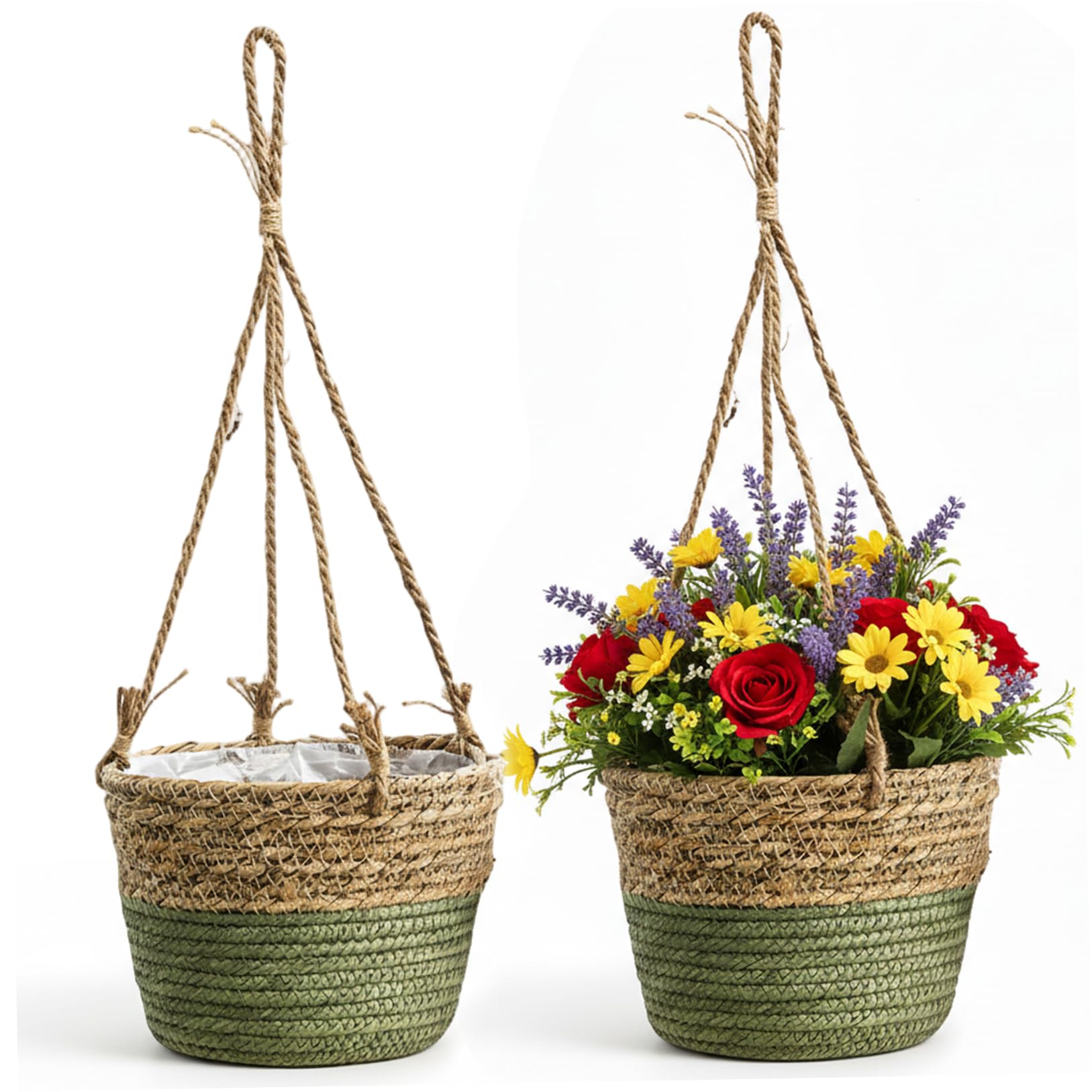 Ameble 2 Pack Hanging Basket Natural Seagrass Indoor Hanging Planter with Handwoven Rattan Hanger for Boho Home Decor, Plant Display for Garden, Patio, Balcony and Living Room, Green