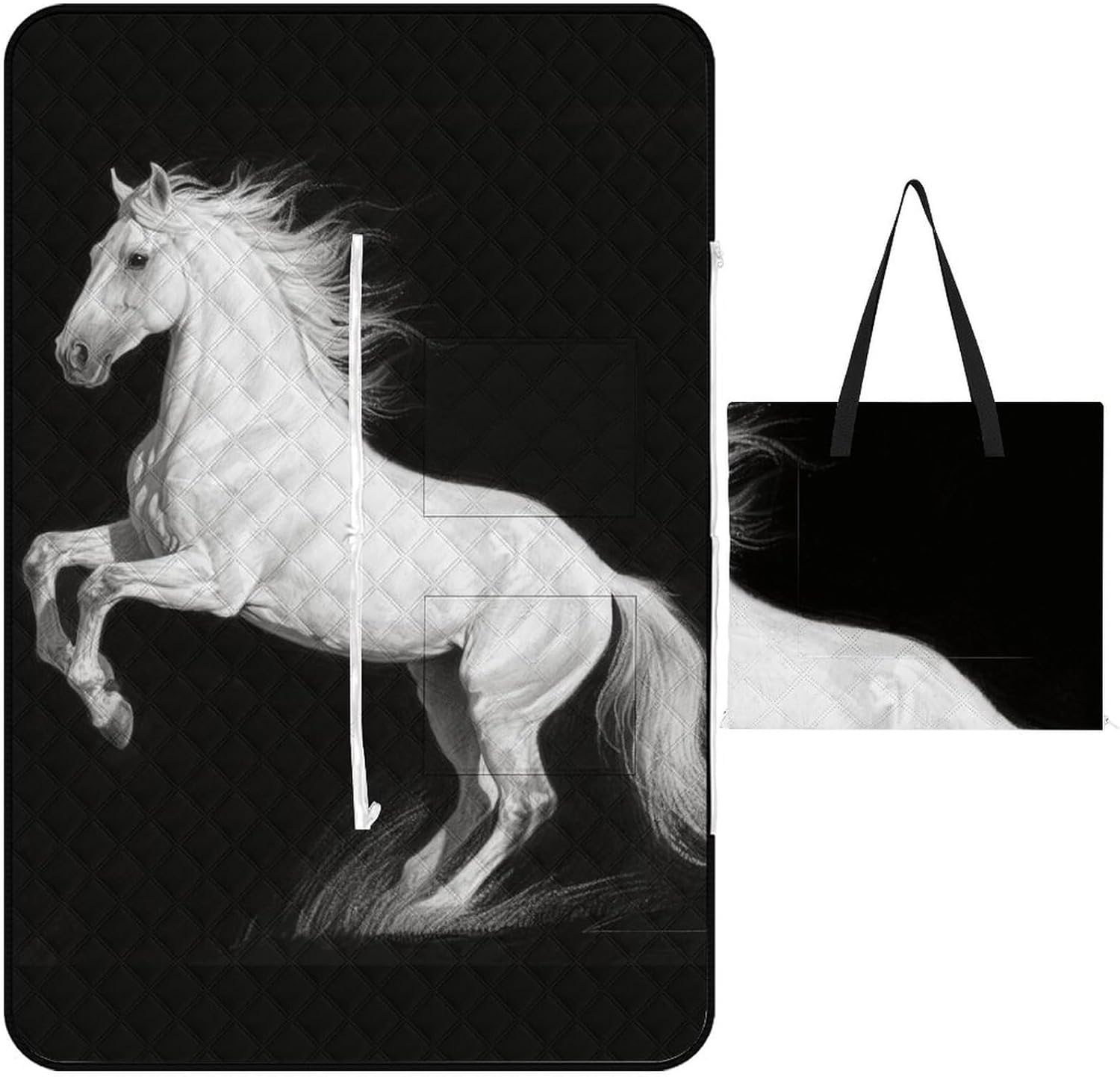 White Horse Black Picnic Blanket 200x200cm, Foldable 2-in-1 Picnic Mat and Tote Bag Portable Waterproof Beach Mat Sandproof Outdoor Blanket for Park, Hiking, Beach, Camping, Travel
