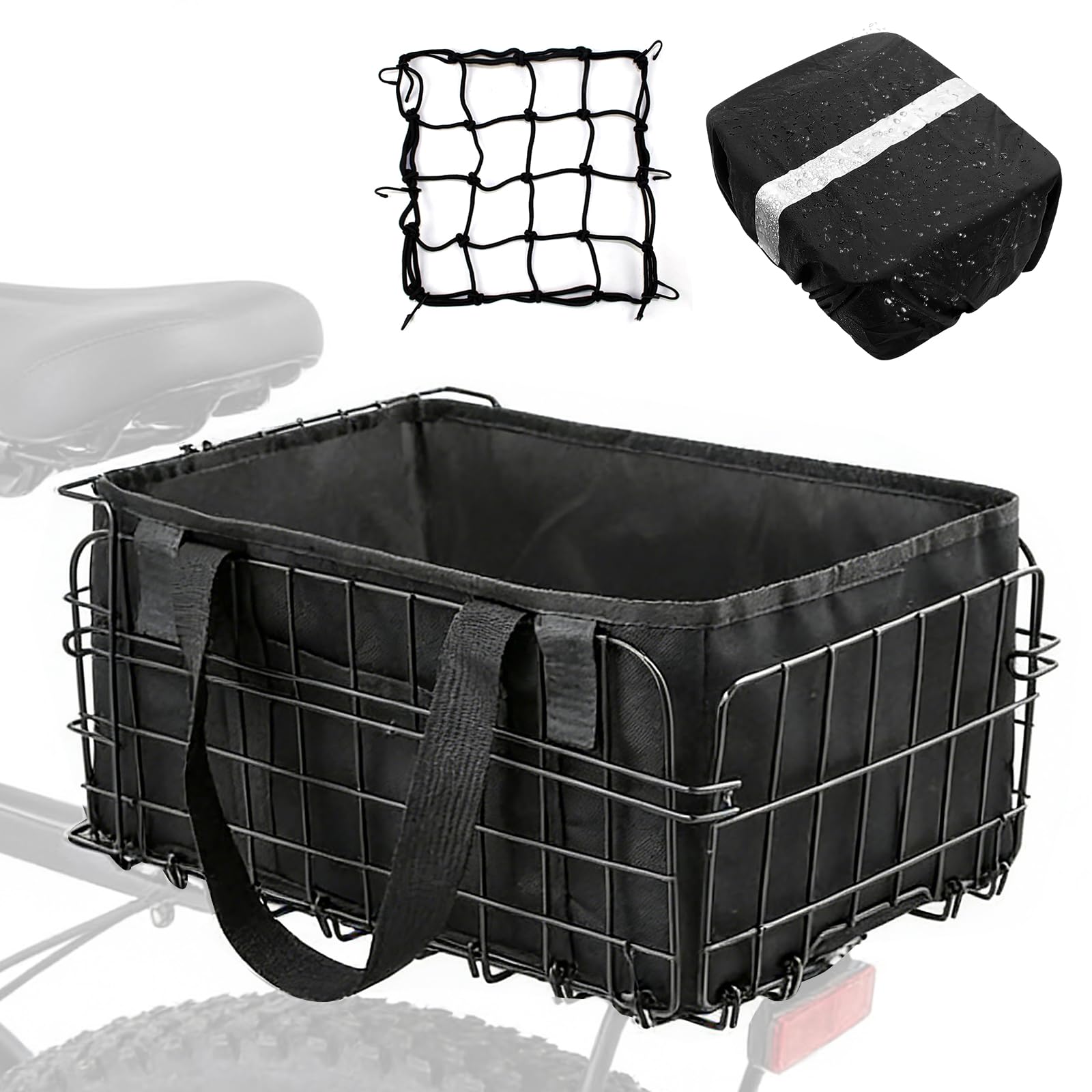 Cestino per bicicletta posteriore pieghevole, grande cestino per bicicletta con fodera interna, tasca in rete e copertura impermeabile, per e-bike, mountain bike, city bike, portata 50 kg