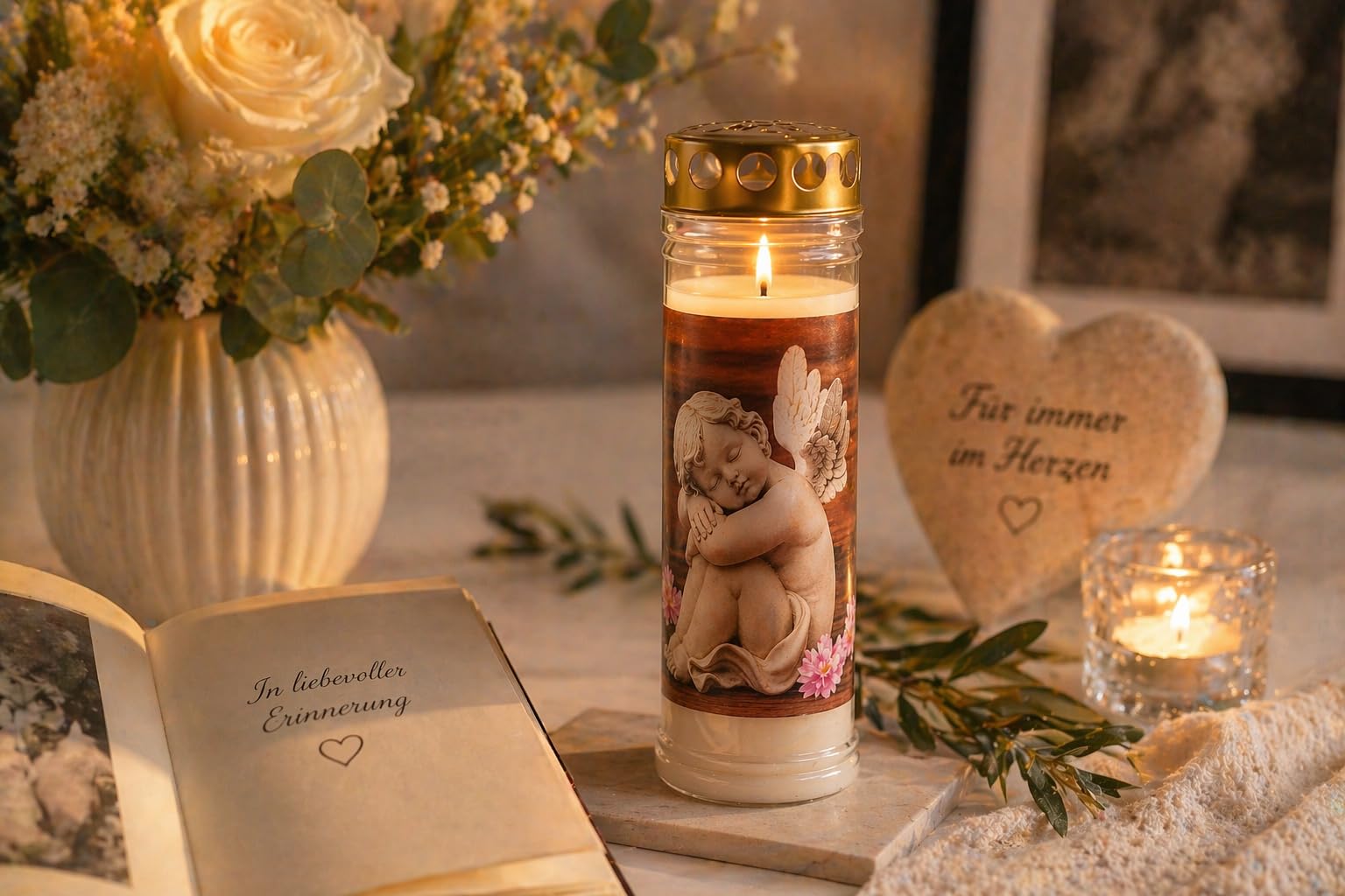 Grabkerzen 6er Set mit Motiv - 7 Tage Brenndauer Premium Friedhofskerze - Grablichter Wetterfest mit Deckel - Gedenklicht Engel Herz Rose - Trauerkerzen Dauerbrenner für Grabschmuck