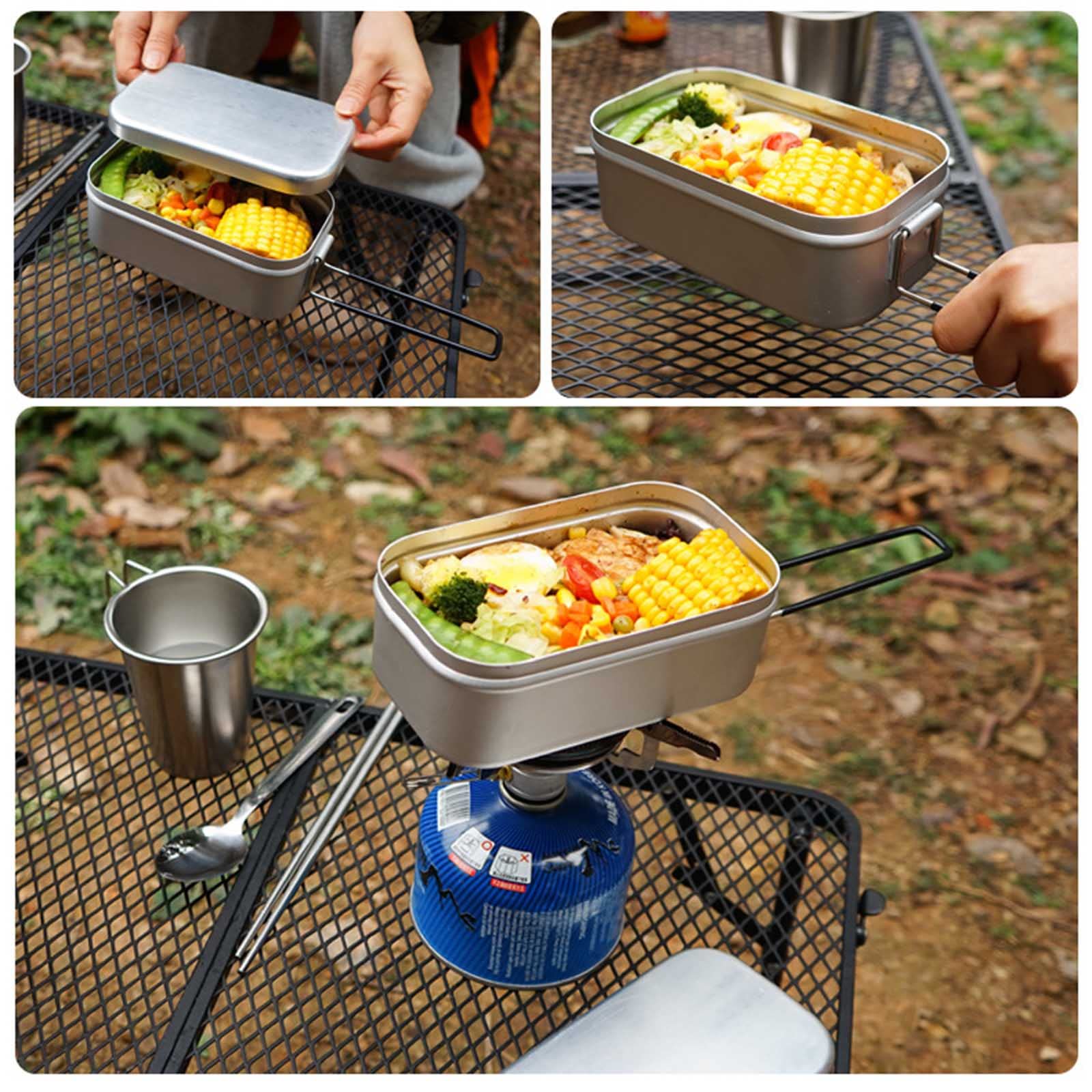Zkbszn Tableware,Outdoor Hiking Lunch Box Camping Foldable Handle With Lid Aluminum Alloy Camping Supplies