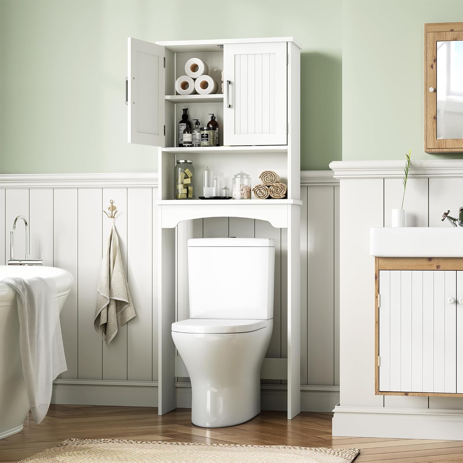White Linen MDF Over-The-Toilet Storage Cabinet with Double Doors