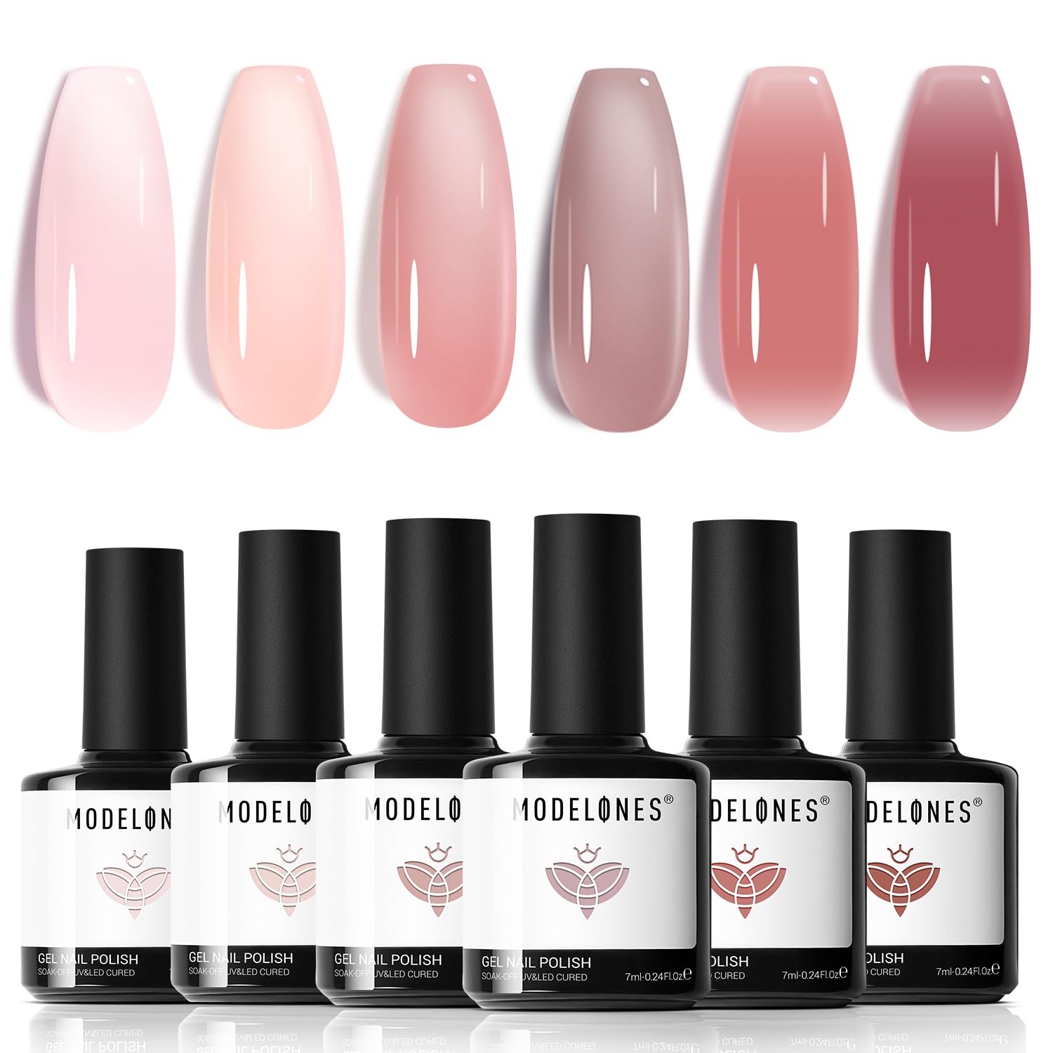 Modelones Zestaw żelowych lakierów do paznokci, 6 kolorów, żelowe, przezroczyste, różowe, nude, brązowe, żelowe lakiery UV do Starter Nail Art Salon DIY Home, 7 ml