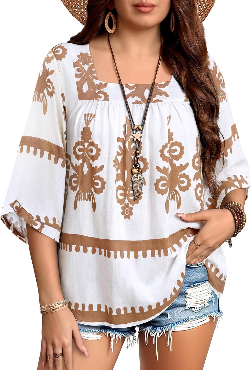 Siddhe Plus Size Boho Tops 3/4 Sleeve Square Neck Chiffon Babydoll Blouses Spring Dressy Casual 2026 Tunic Shirts (XL-5XL)
