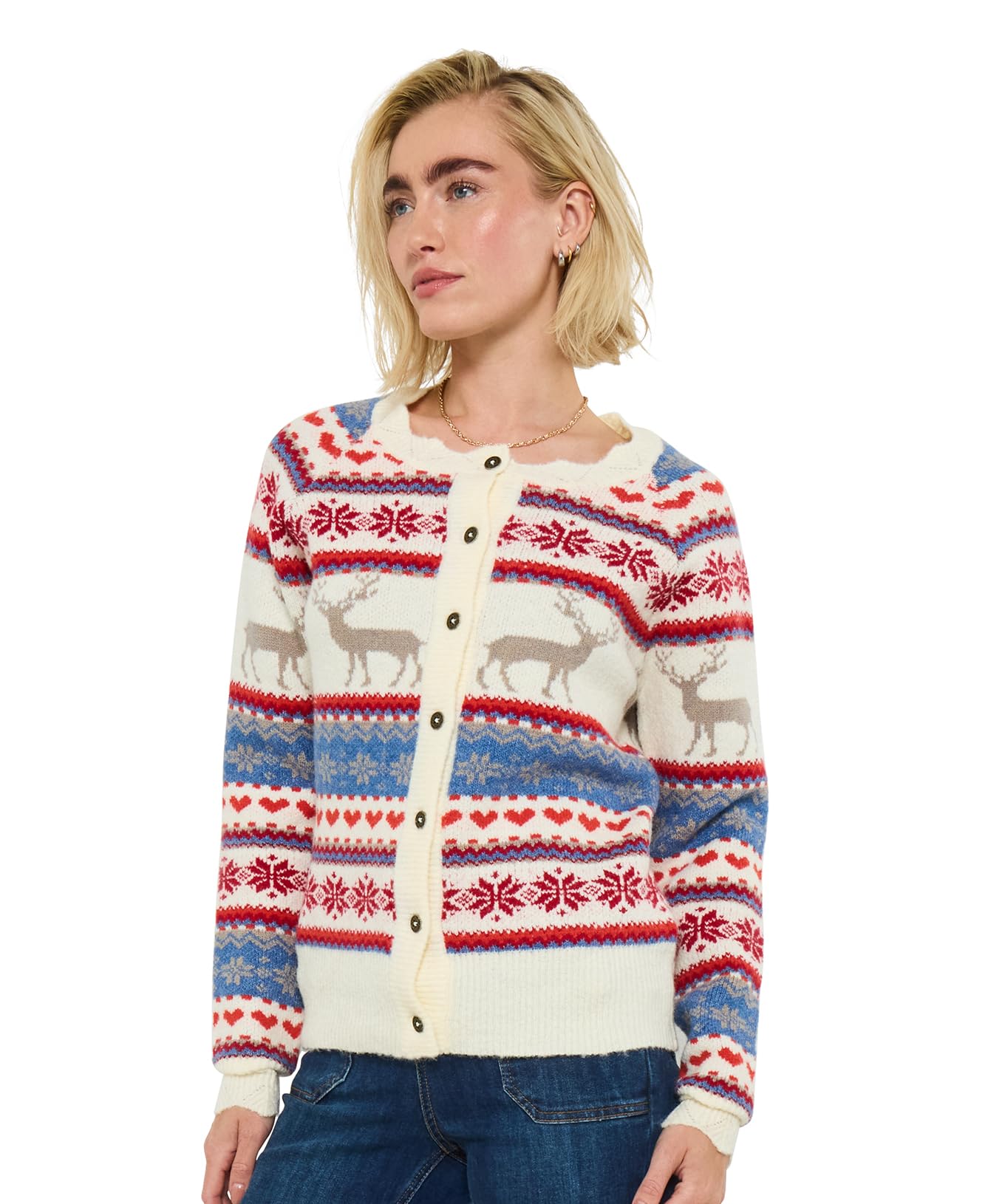 Joe Browns Women's Fairisle Design Winter Cardigan Sweater, Beige, 14
