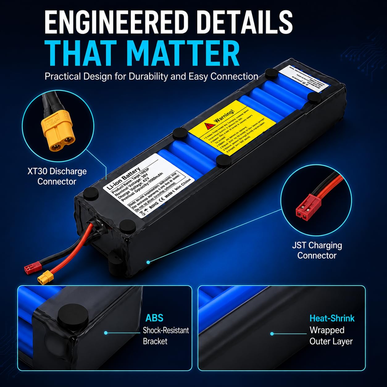 Batterie Scooter Électrique 36V 10,5Ah, Batterie Lithium ION 10500mAh avec BMS 20A, Batterie Rechargeable 10S3P avec Connecteurs XT30 et JST pour M365 Scooter Motor