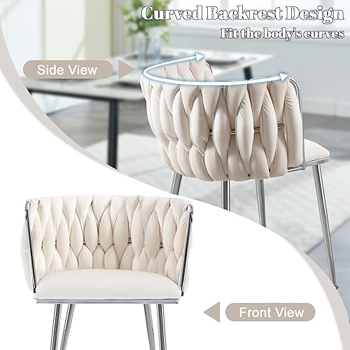 Miniatura 4 de Juego de 2 sillas de comedor de terciopelo, sillas laterales tapizadas tejidas con patas de metal plateado, sillas de ocio de acento moderno, sillas