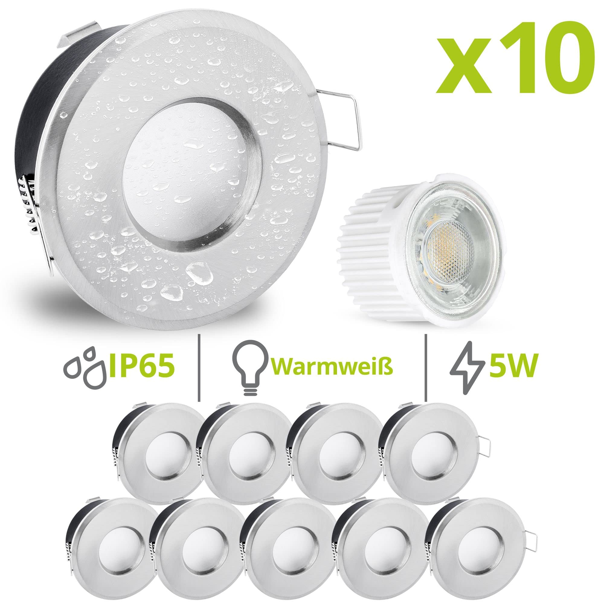 linovum Einbaustrahler 10er Set inkl. LED Modul 4W warmweiß - Spots in rund Alu gebürstet mit IP65 Wasserschutz für Bad