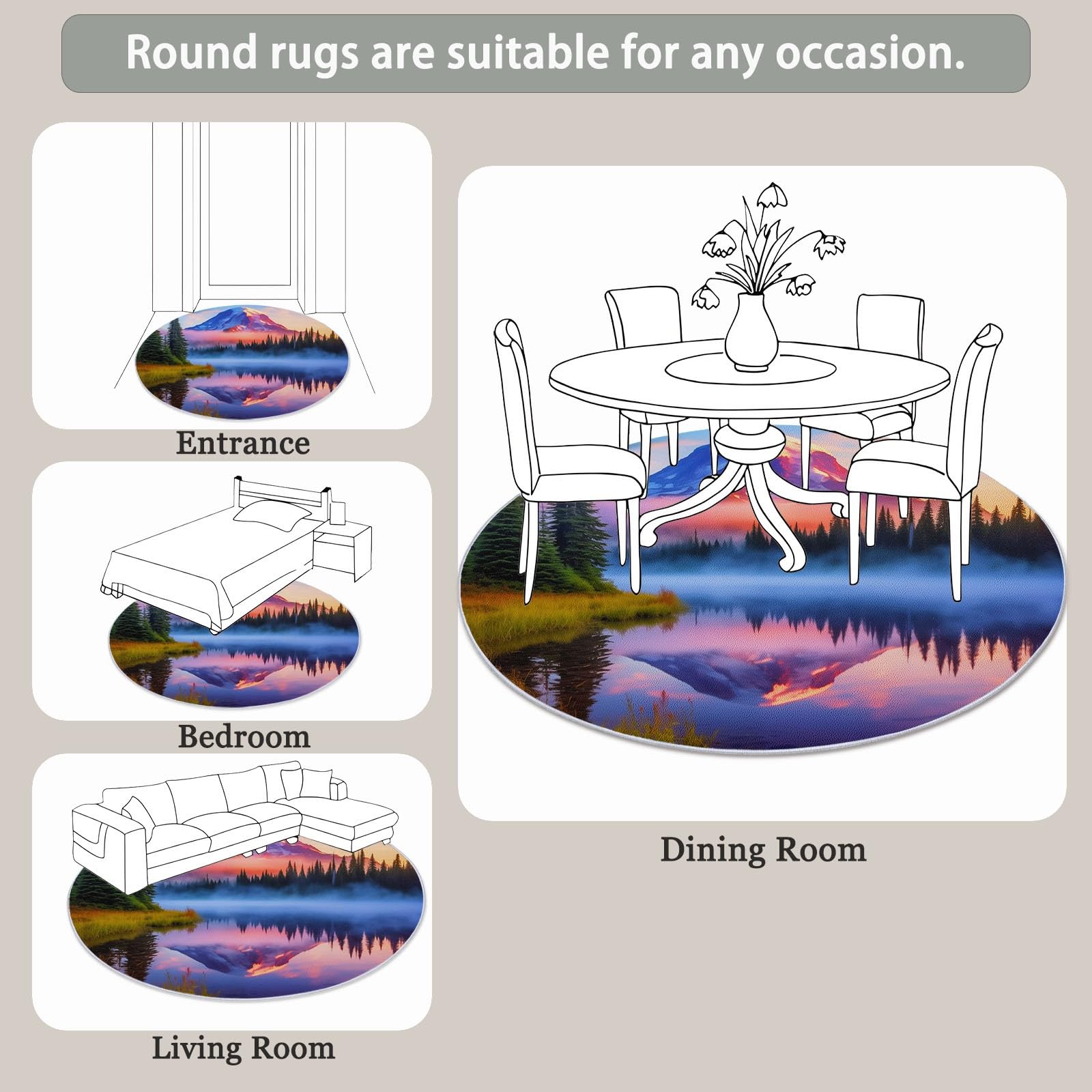 Genérico Alfombra Redonda para Comedor Montañas Naturales Lagos Motivo Alfombra Antideslizante Suave y esponjosa para Sala de Estar, Dormitorio, habitación Infantil, 150 cm, Azul
