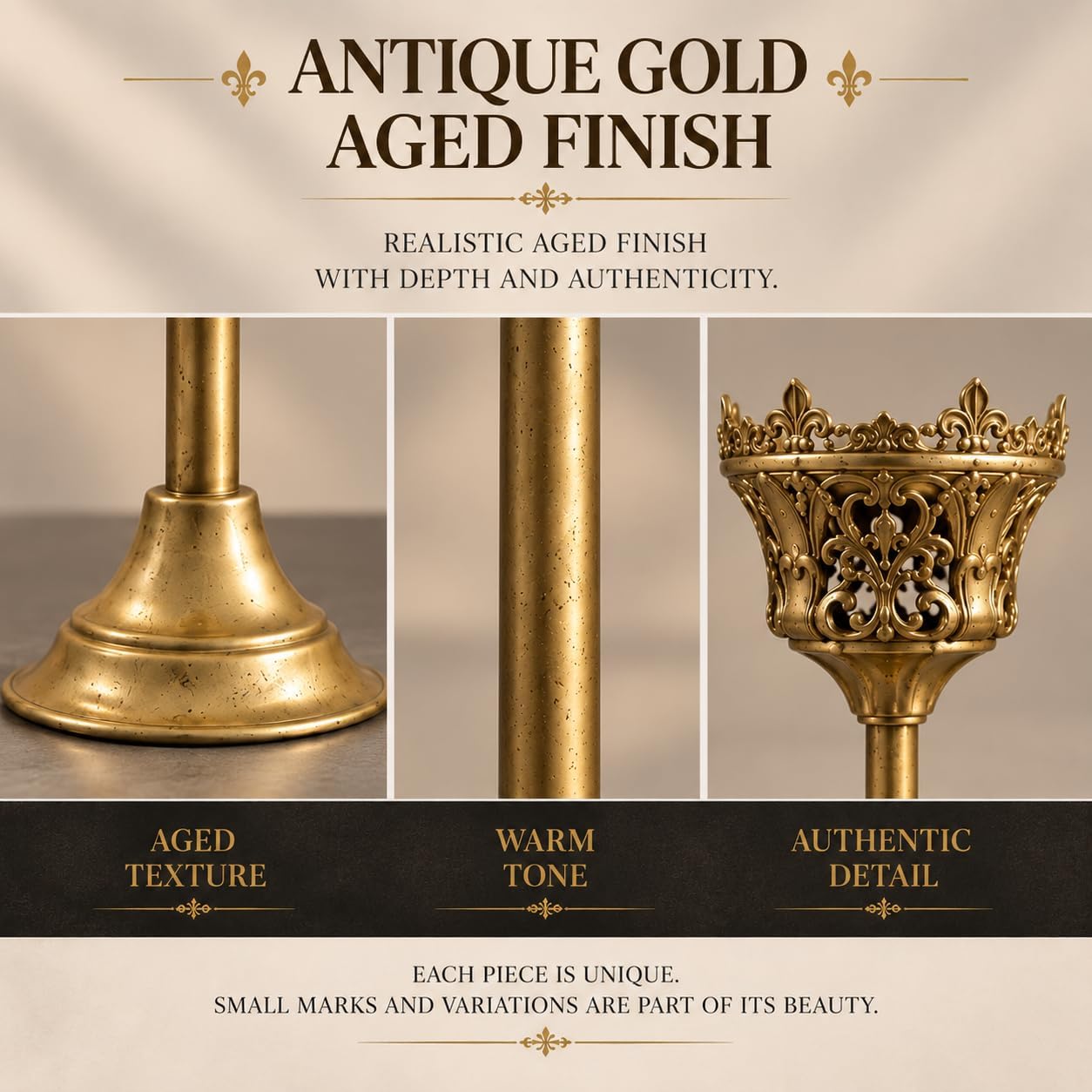 CROWSONG Tall Pillar Candle Holders Set of 2 – Baroque Crown Design | Antique Gold Iron, 14.2" & 11.8" | Victorian Mantel & Centerpiece Décor (Candles Not Included)