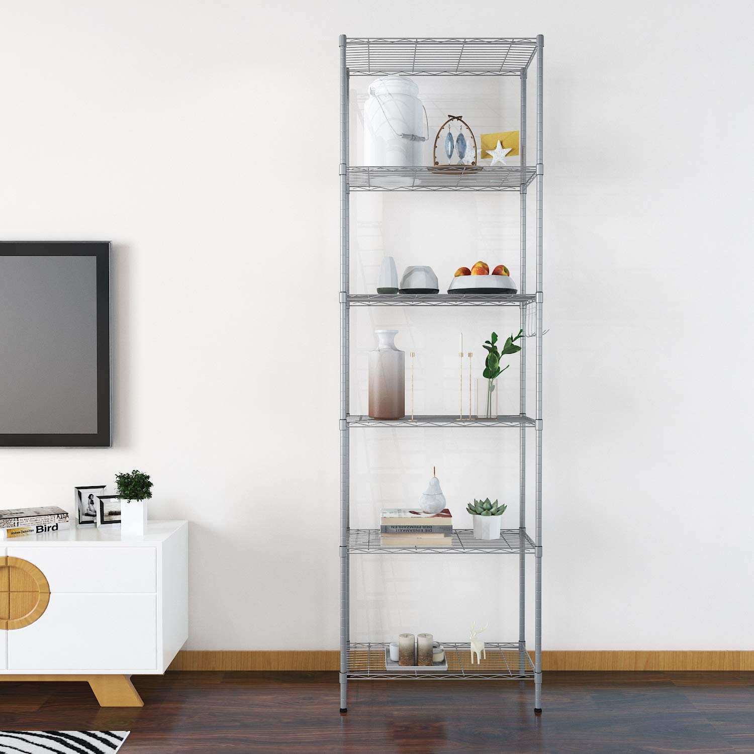 Buy Standing Shelf Units Layer 6, Storage Shelves 54 x 29 x 160 cm with 4 Hooks Adjustable