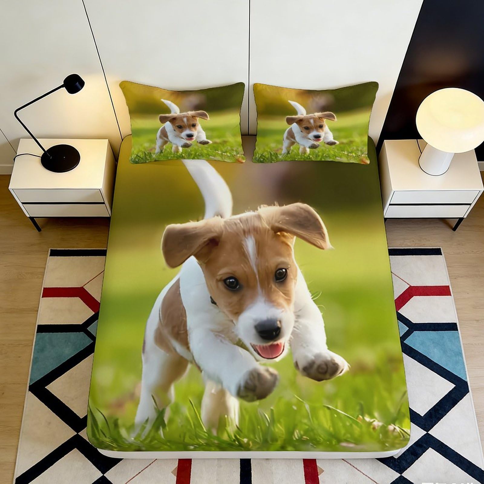 3D Printed Playful Puppy Fitted Sheet Microfiber Soft Breathable Dog Pattern Mattress Cover for Bedroom Dorm Decor 90x200x25cm