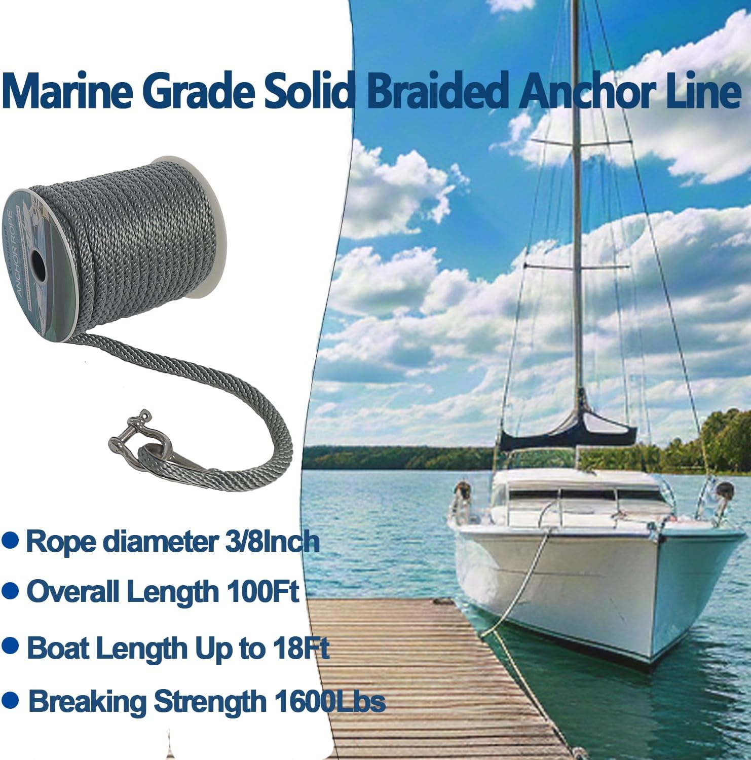 Anchor Rope 100ft 3/8 inch Premium Solid Braid Nylon MFP Boat Rope with 316 Stainless Steel Thimble & Shackle, Quality Anchor Line, Grey, Boat Accessories Marine