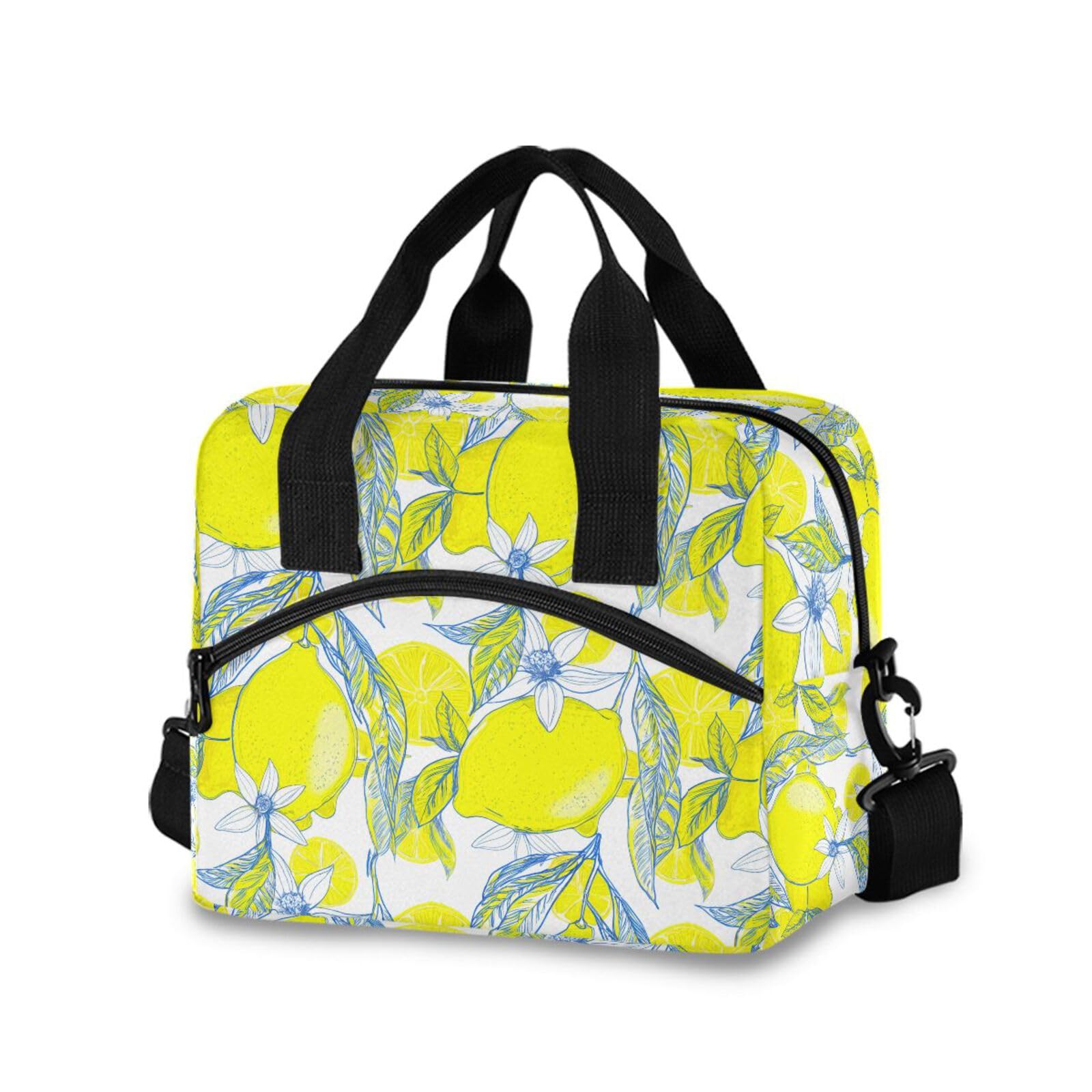Sinestour Insulated Lunch Bag Reusable Cooler Lemon Flowers Yellow Lunch Box Adjustable Shoulder Strap for School Office Picnic