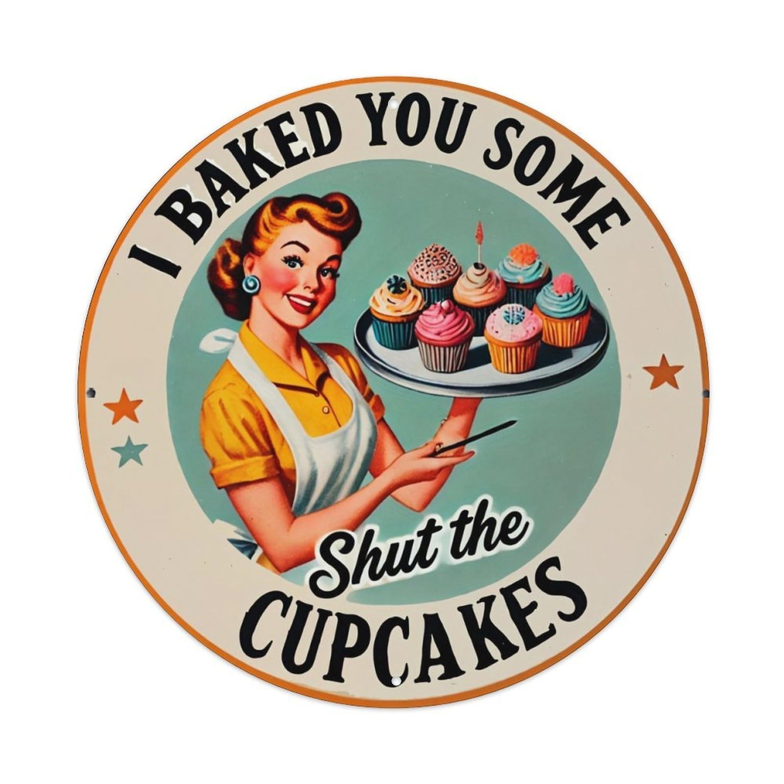 Retro Woman Holding Cupcakes Tray Retro Metal Tin Sign, Vintage Metal Poster for home, Gaming Room, Studio Workshop,Bar,Garage Wall Art Decor 8x8 inch