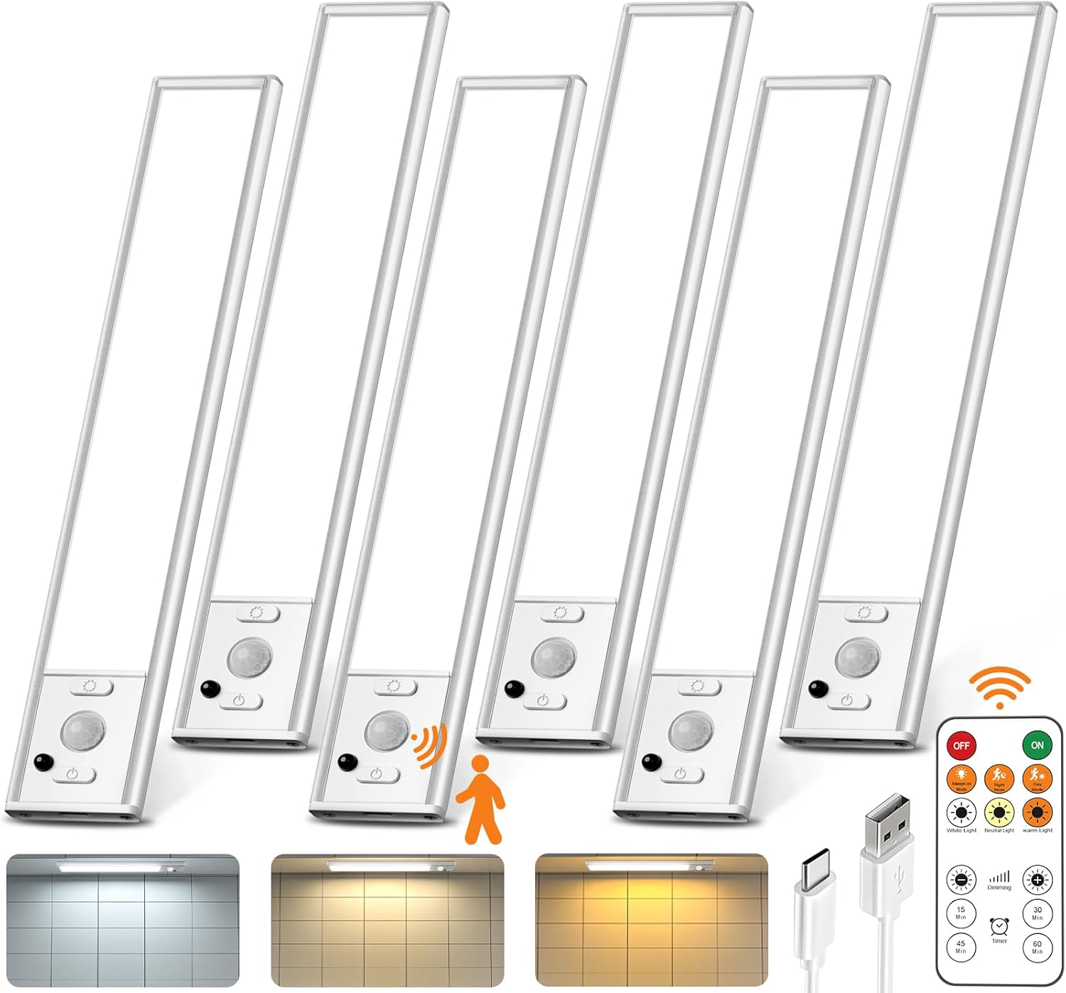 9inch Under Cabinet Lighting with Remote, Rechargeable LED Motion Sensor Light Indoor, Closet Lights Wireless, 3 Color Temps & Dimmable, Magnetic Under Counter Lights for Kitchen, Stairs, 4 Pack