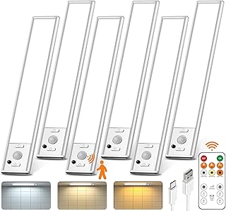 Under Cabinet Lighting with Remote Control,USB Rechargeable 180 Lumen Motion Sensor Light Indoor,Magnetic Wireless Under Counter Light,3 Color Dimmable Closet Lights for Kitchen, Pantry, Stair, 6 Pack