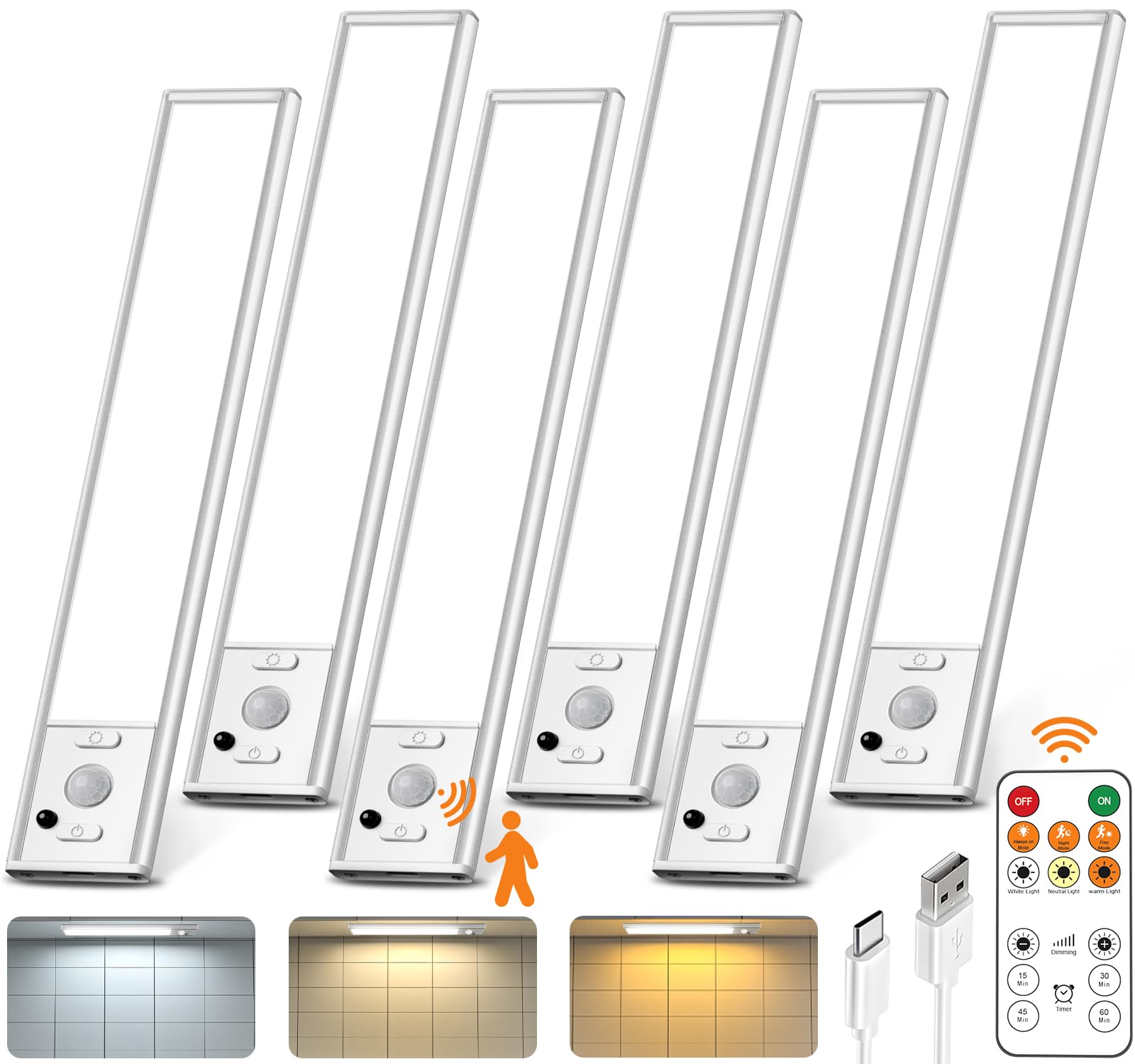 Lenoma White-9 Inch Under Cabinet Lighting With Remote Control,Usb Rechargeable 180 Lumen Motion Sensor Light Indoor,Magnetic Wireless Under Counter Light,3 Color Dimmable Closet Lights For Kitchen, Pantry, Stair, 6 Pack