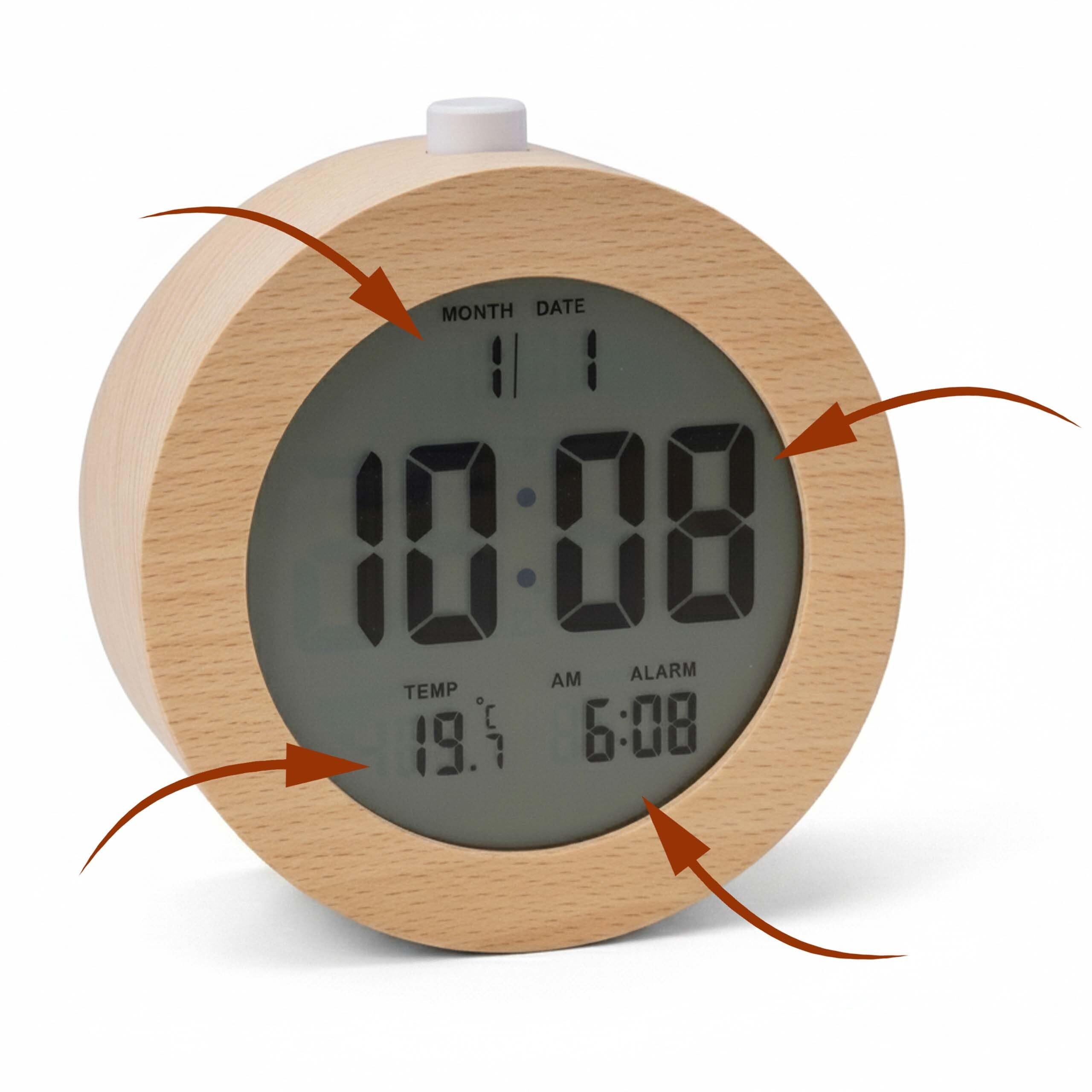 Relaxdays Despertador Digital de Madera con indicador de Fecha y Temperatura, función de repetición, luz, Reloj Despertador Digital Redondo, Color Natural