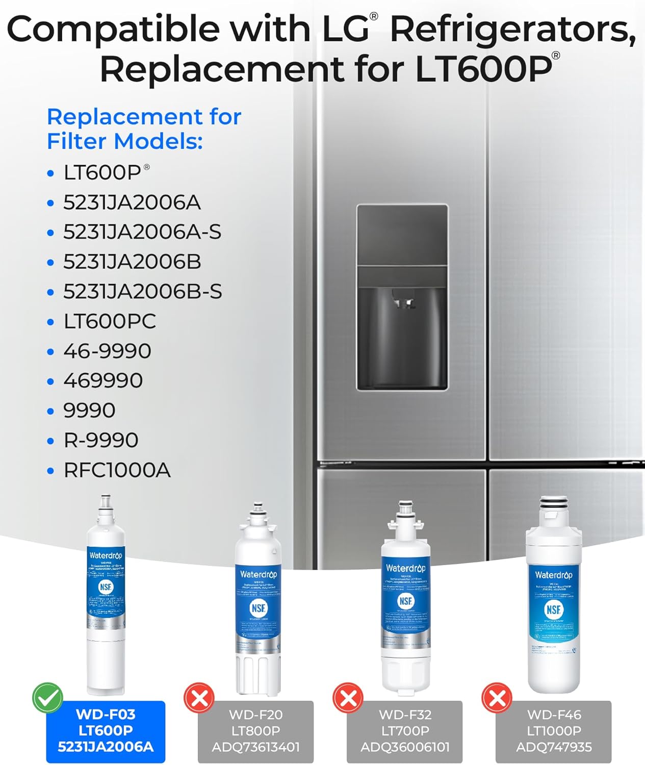 Waterdrop 5231JA2006A Replacement for LG® LT600P® Refrigerator Water Filter, fml-2, KENMORECLEAR® 46-9990, KENMORE® 9990, 5231JA2006B, RWF1000A, LFX25960ST, LSC27931ST, 3 Filters