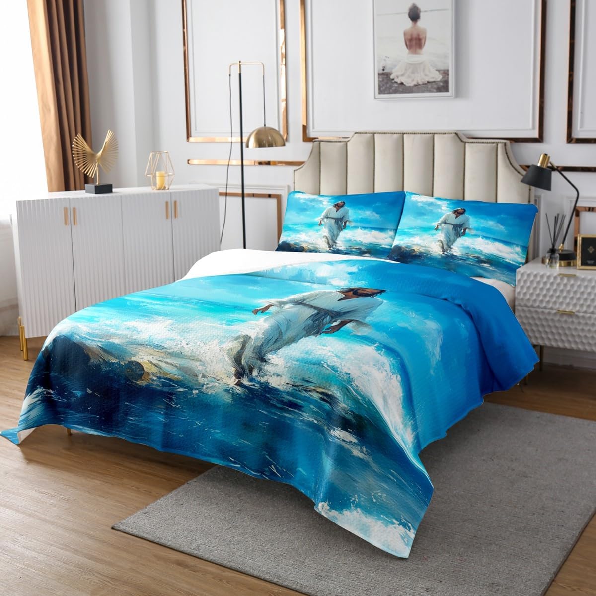 Homewish Christian Bible Verses Bedspread Queen Size,Blue Ocean Beach Bedding Sets 3Pcs for Kids Teens Adult Room Decor,Bible Verses Theme Quilt Comforter Oil Painting Art Coverlet,2 Pillowcases