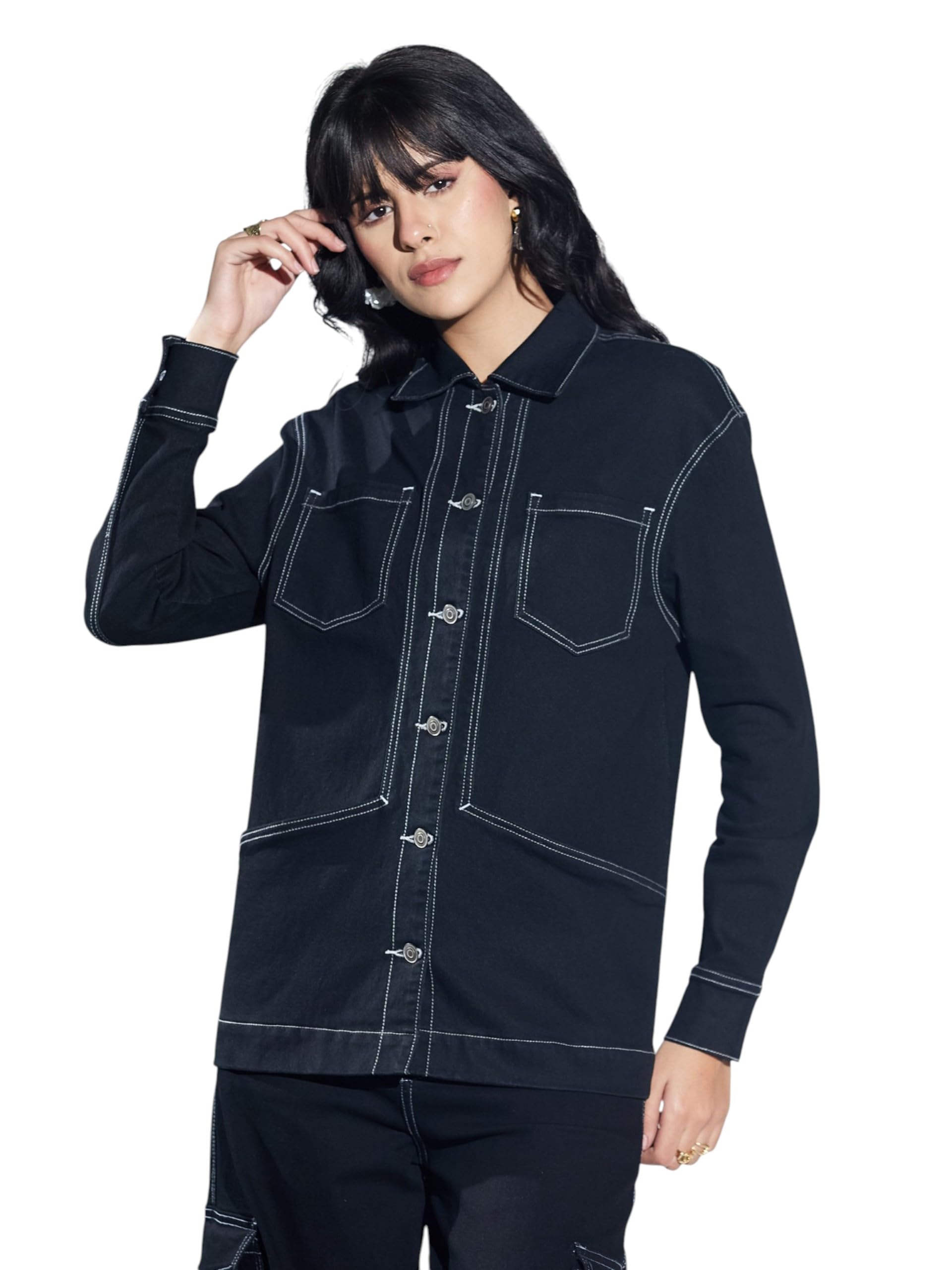 miss chase Women's Black Shirt Collar Full Sleeve Panelled Contrast Stitch Oversized Denim Jacket-picture-47