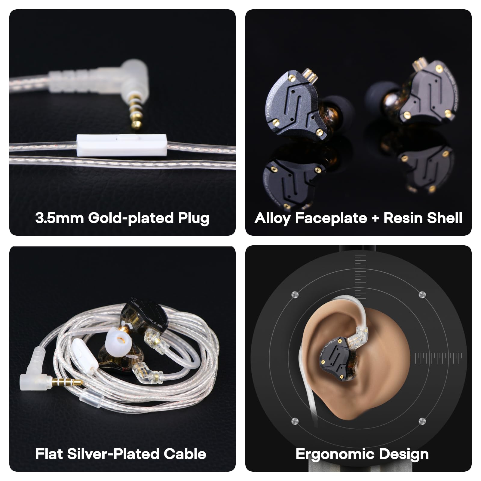 LINSOUL KZ ZS10 PRO X Upgraded 1DD+4BA Hybrid Treiber HiFi in Ear Kopfhörer IEM mit Alloy Faceplace Abnehmbares versenktes 2Pin Kabel für Audiophile Musiker DJ Bühne（Mit Mikrofon）