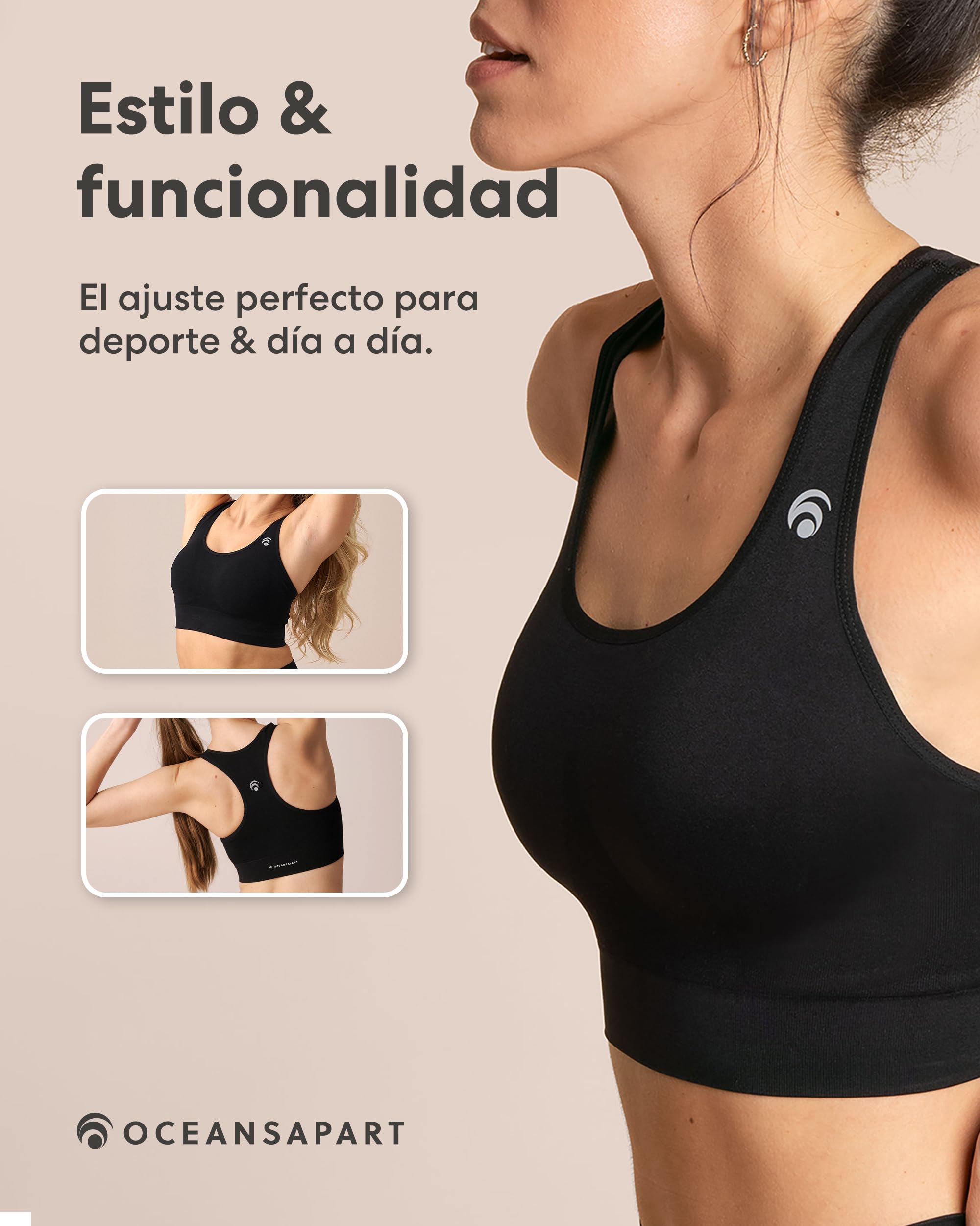Oceansapart Beverly Sujetador Deportivo Mujer Racerback in Costuras - Sujetador sin Aros Cómodo y Versátil - Top Deportivo Mujer para Yoga, Pilates y Más Tallas XXS-XXL