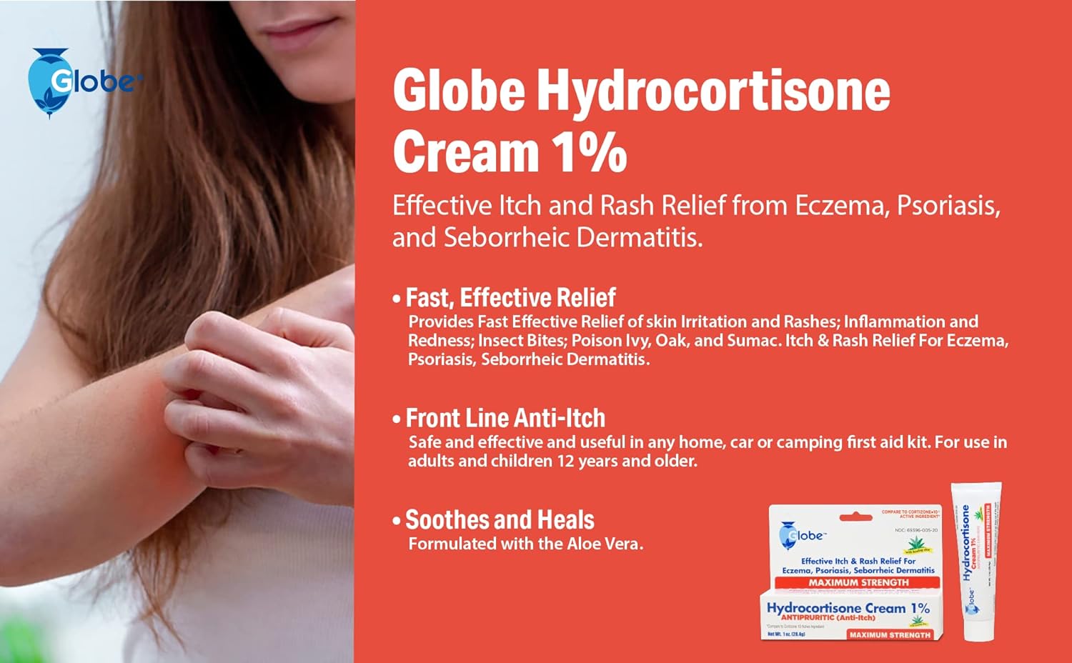 Globe Hydrocortisone Maximum Strength Cream 1% w/Aloe, Anti-Itch Cream for Redness, Swelling, Itching, Rash & Dermatitis, Bug/Mosquito Bites, Eczema, Hemorrhoids & More (Pack of 2) : Health & Household